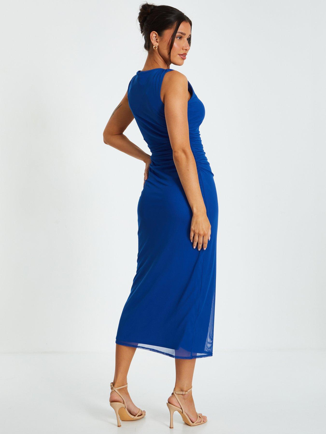 Image 2 of 6 of Quiz Blue Mesh Ruched Boydcon Midaxi Dress