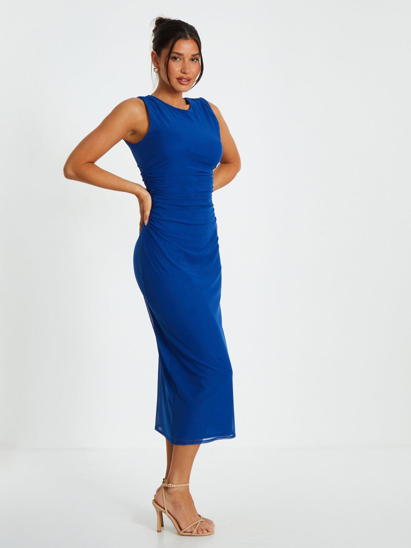 Image 3 of 6 of Quiz Blue Mesh Ruched Boydcon Midaxi Dress
