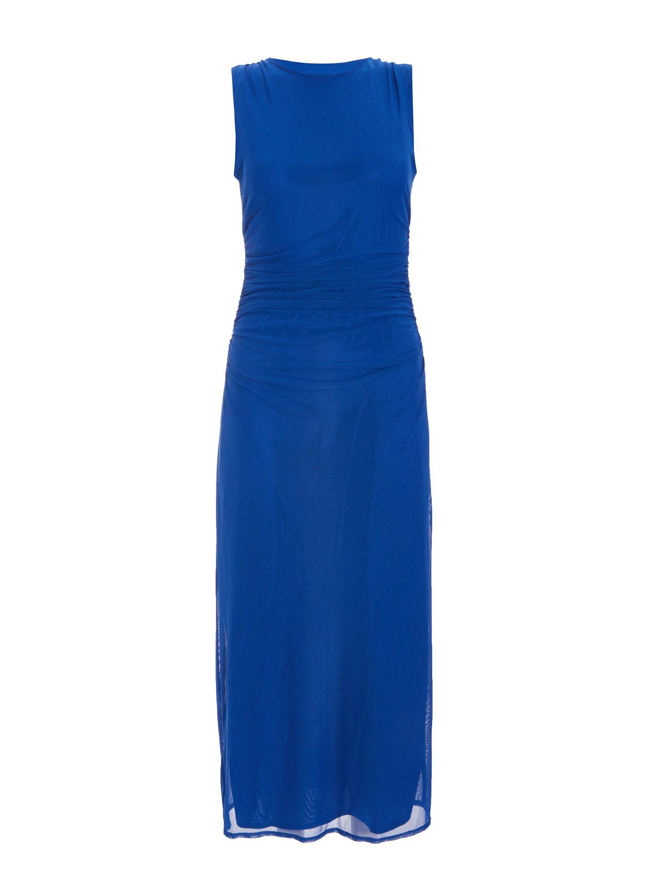 Image 4 of 6 of Quiz Blue Mesh Ruched Boydcon Midaxi Dress