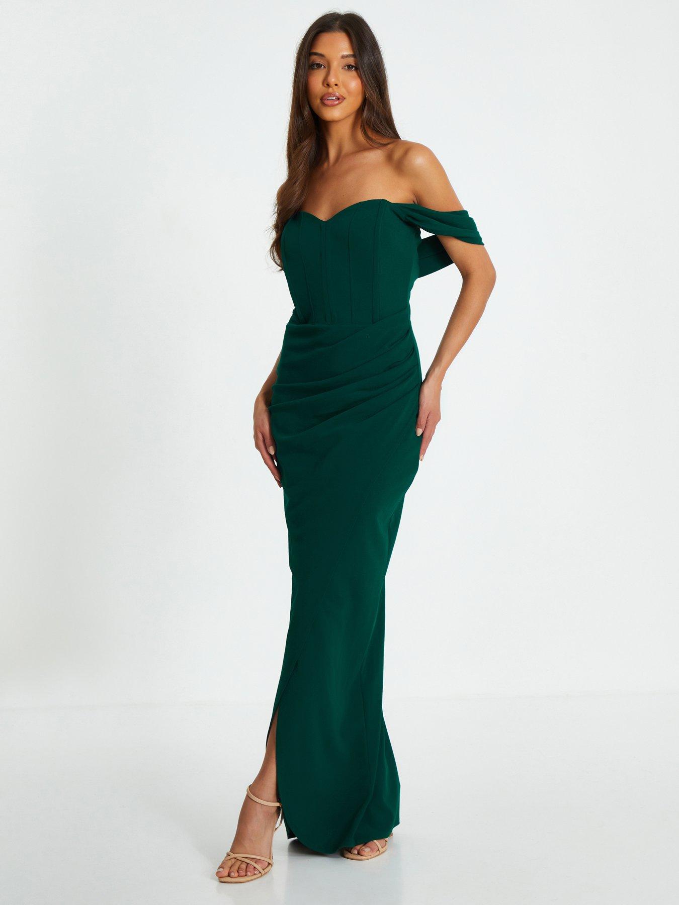 Quiz Bottle Green Bardot Ruched Maxi Dress Very