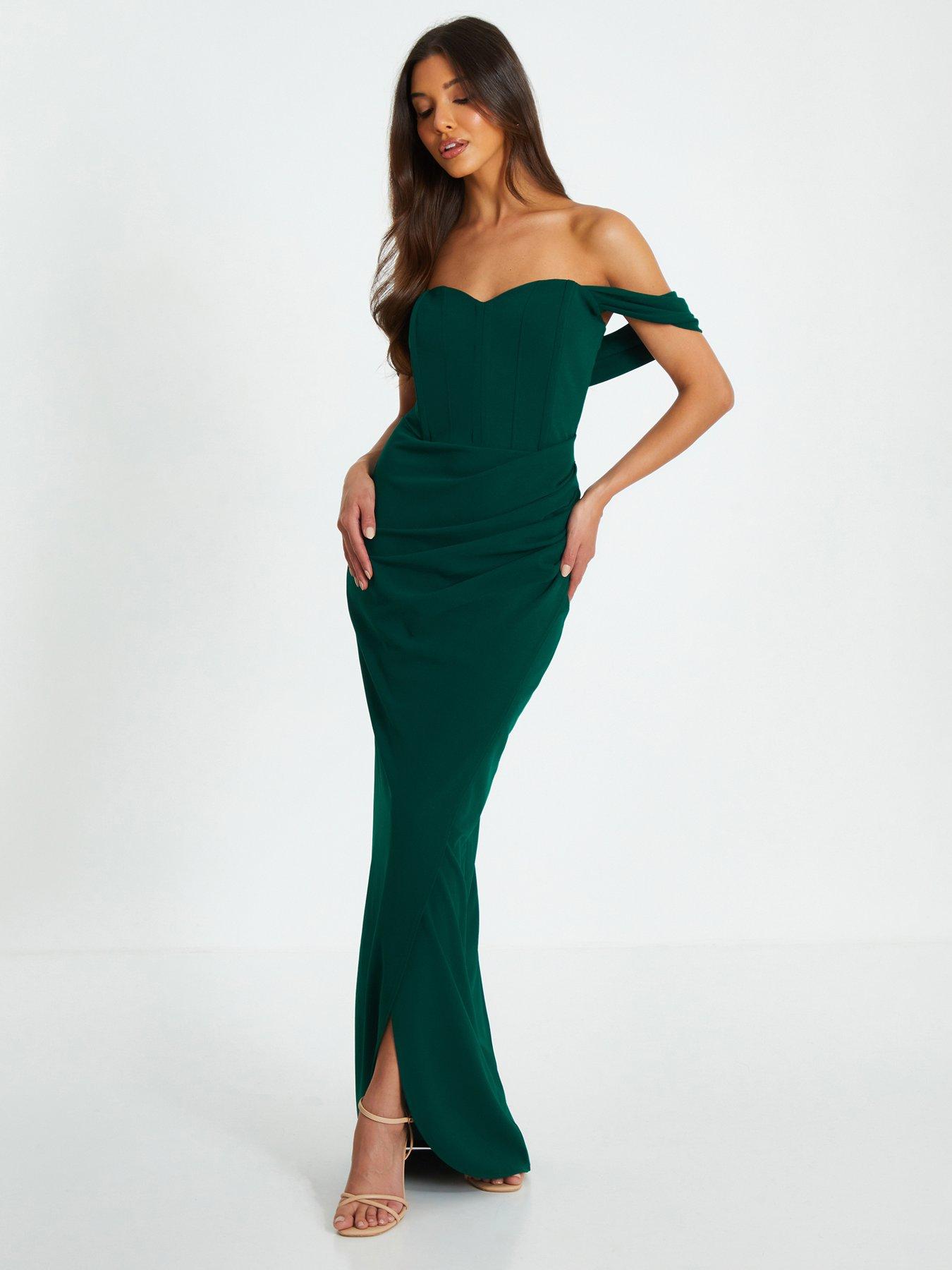 Quiz Bottle Green Bardot Ruched Maxi Dress