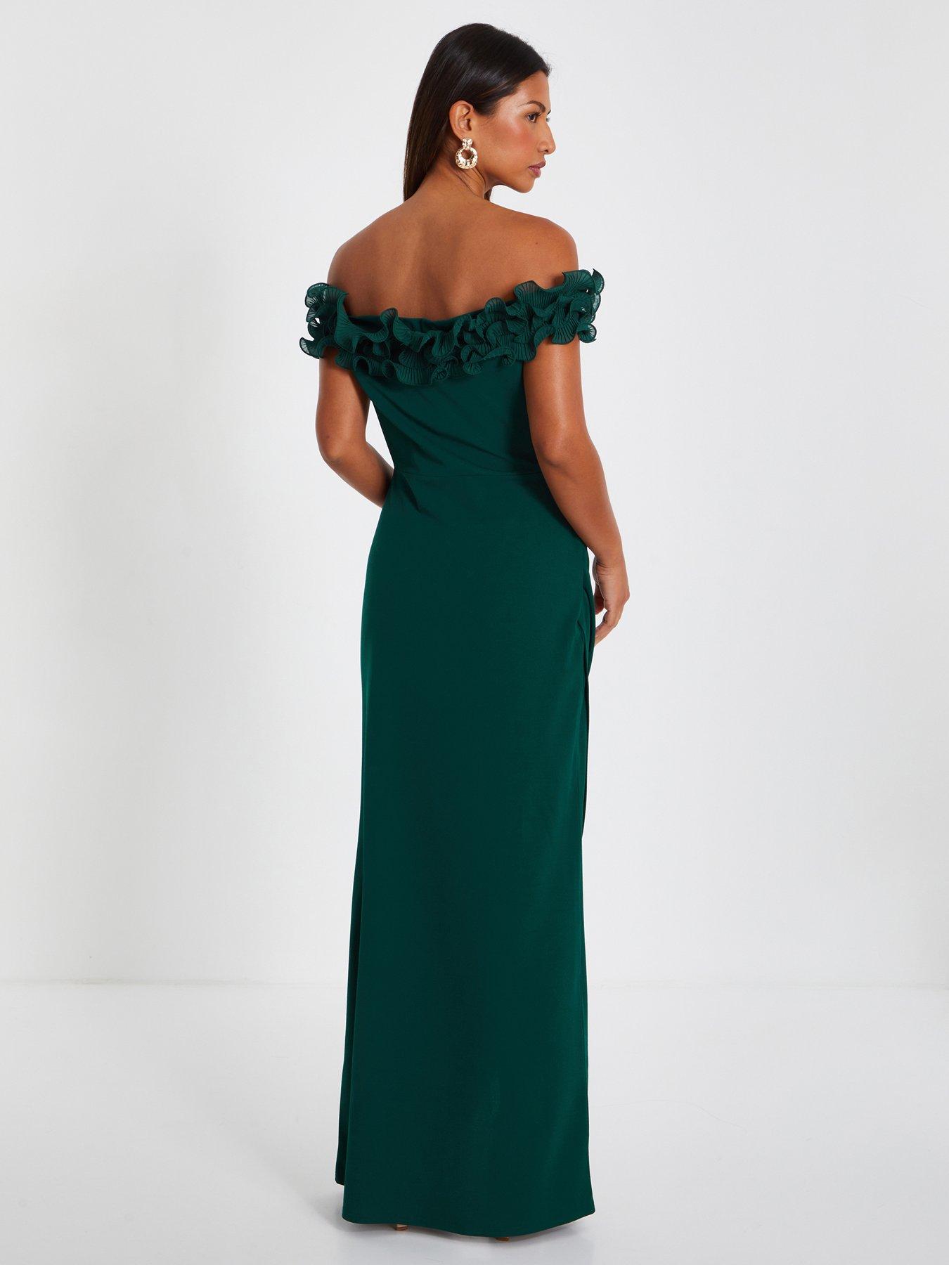 Jessara | Bottle Green Bardot-Neck Maxi Dress With Knot-Details