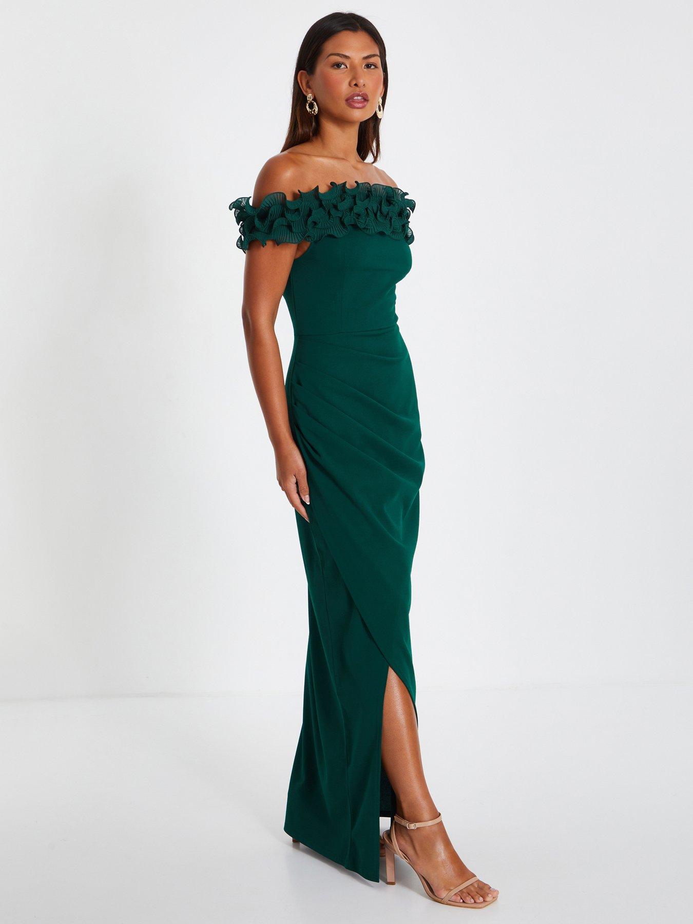 slim fit dress slacks Kate Puff Sleeve Lace Dress-Dark Green