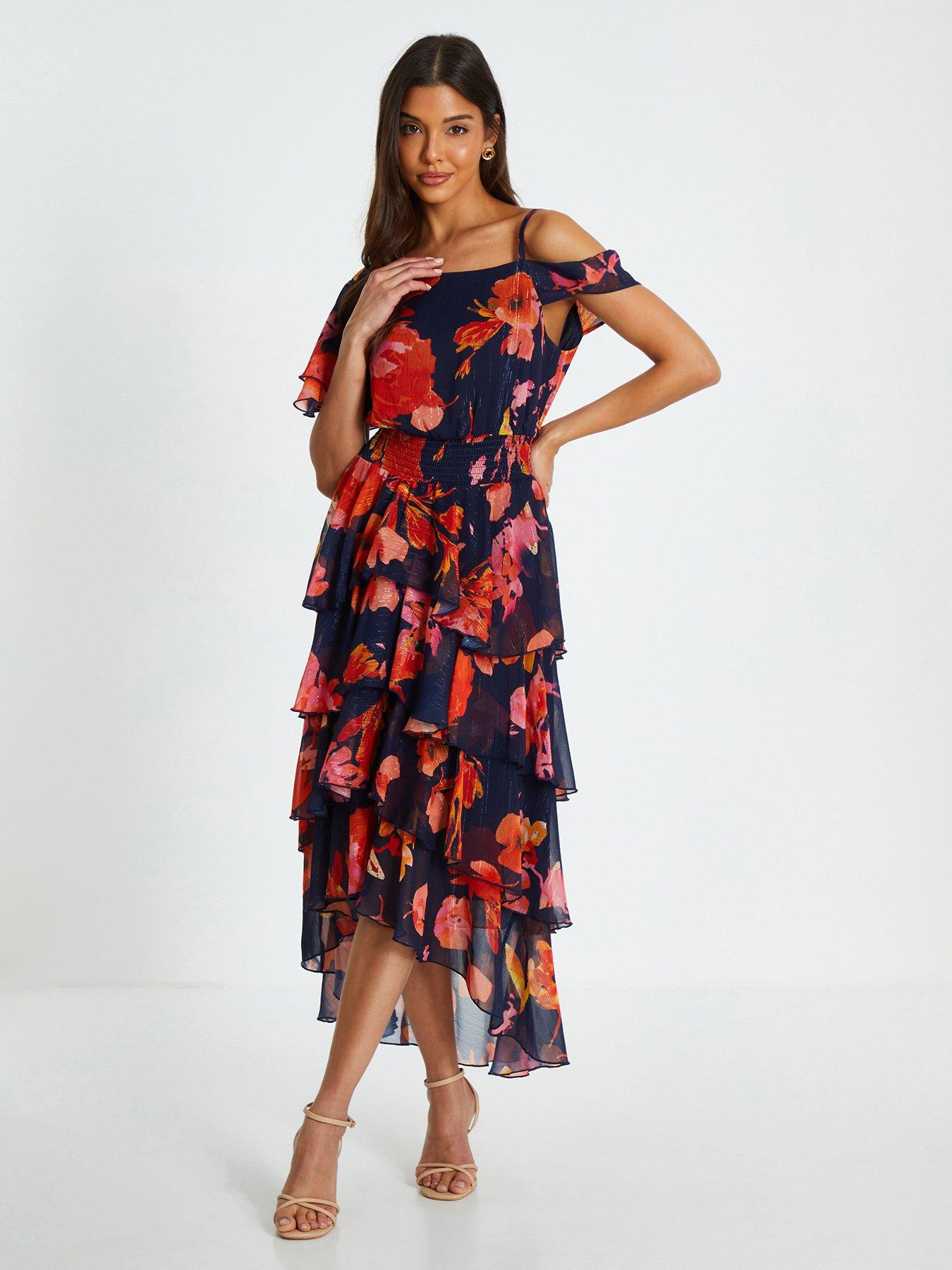 Quiz Navy Floral Drop Shoulder Tiered Midi Dress Very