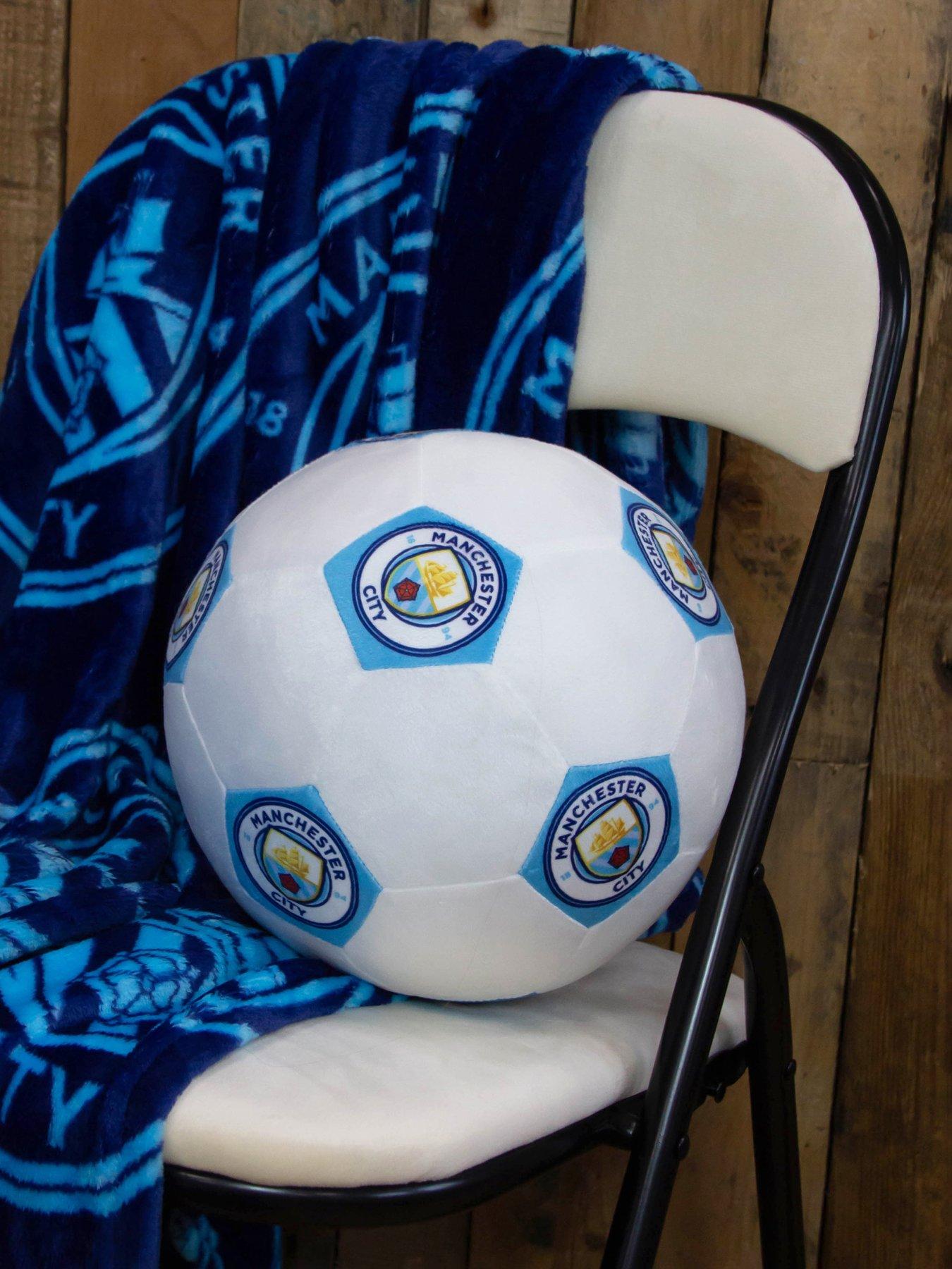 Product photograph of Manchester City Football Shaped Cushion - White Blue from very.co.uk