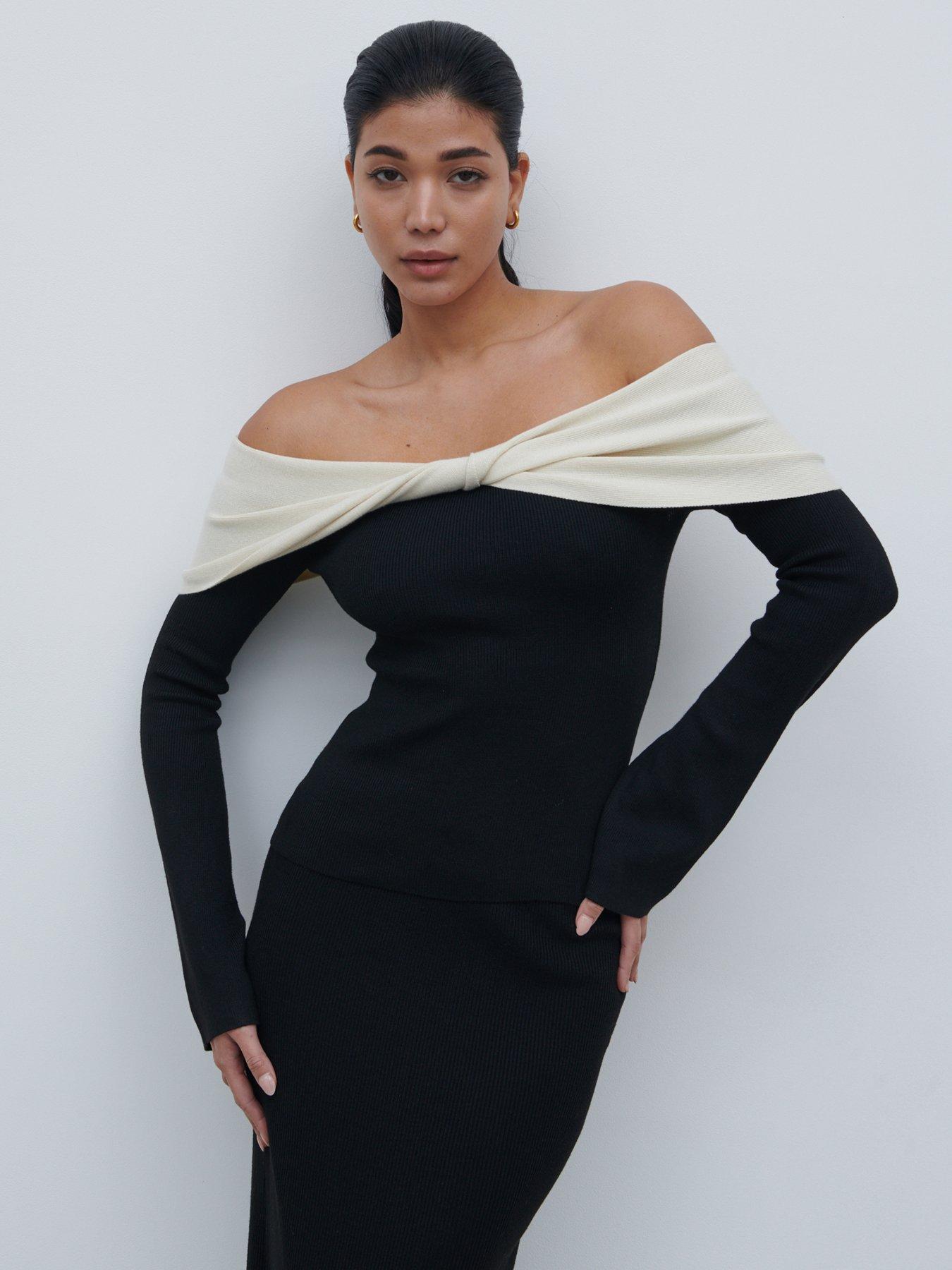Pretty Lavish Twist Contrast Bardot Knit Top Black Cream Very