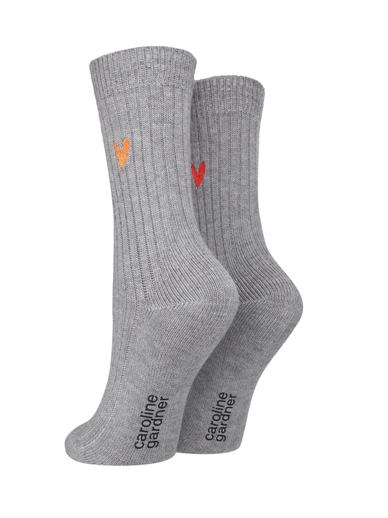 Image 2 of 3 of Caroline Gardner 2pk Bamboo Ribbed Lightbootlt Grey With Orange/red Heart