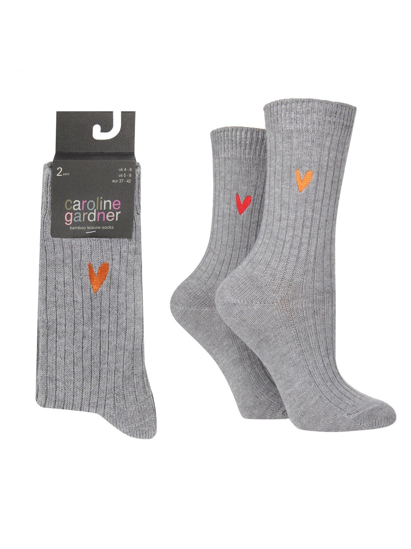 Image 3 of 3 of Caroline Gardner 2pk Bamboo Ribbed Lightbootlt Grey With Orange/red Heart