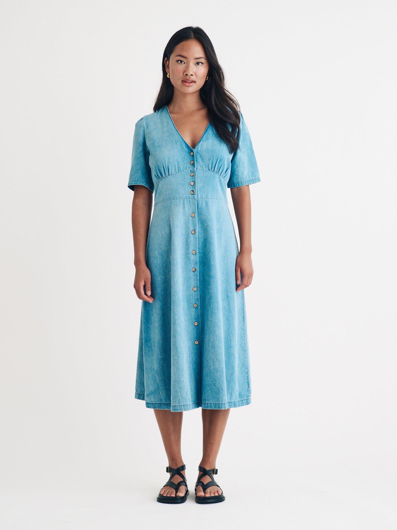 undefined Button Down Puff Sleeve Midi Dress - Blue