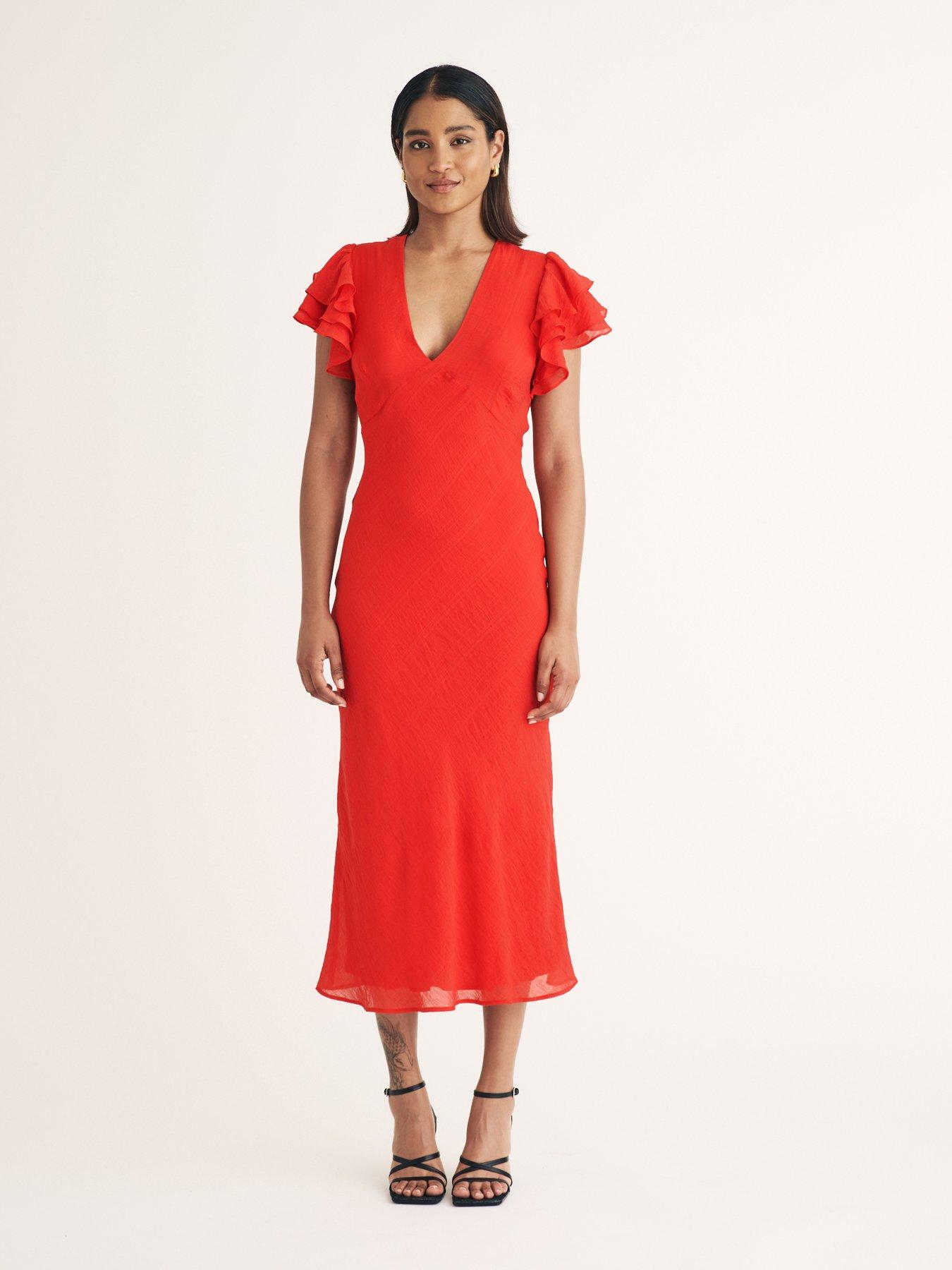 undefined V Neck Frill Sleeve Midi Dress - Red