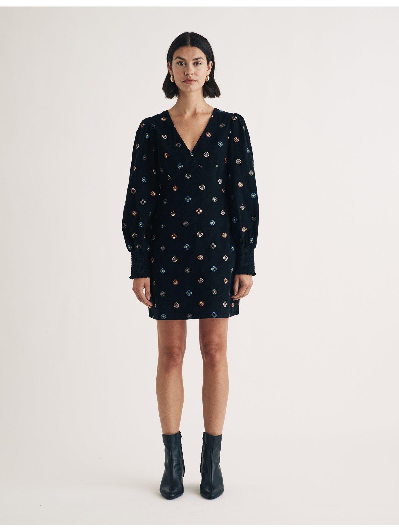 undefined Embroidered Long Sleeve Cord Mini Dress - Black