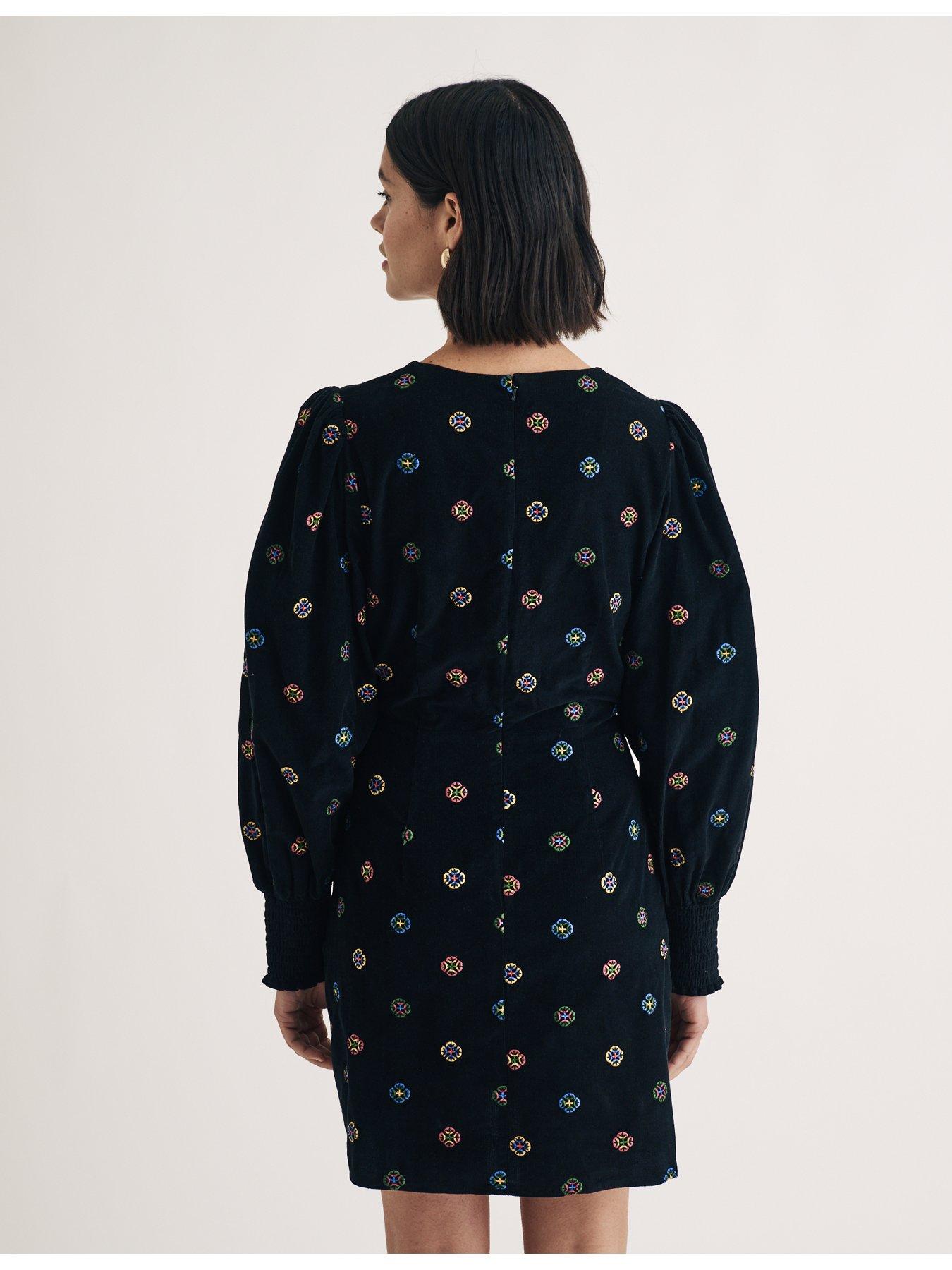 Image 2 of 4 of Nobodys Child Embroidered Long Sleeve Cord Mini Dress - Black