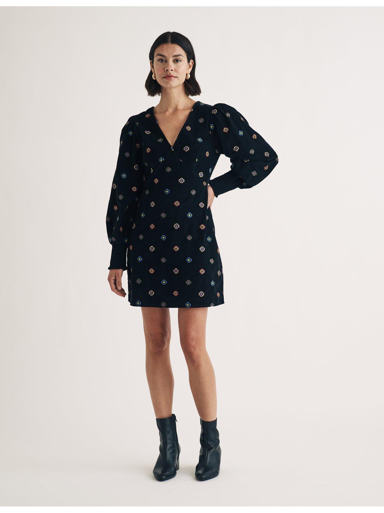 Image 4 of 4 of Nobodys Child Embroidered Long Sleeve Cord Mini Dress - Black