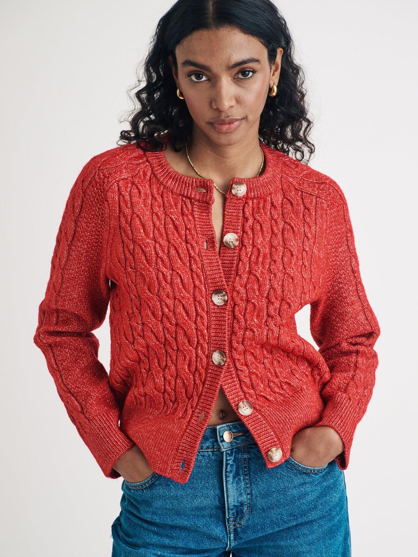 undefined Crew Neck Chunky Cable Knit Cardigan - Red