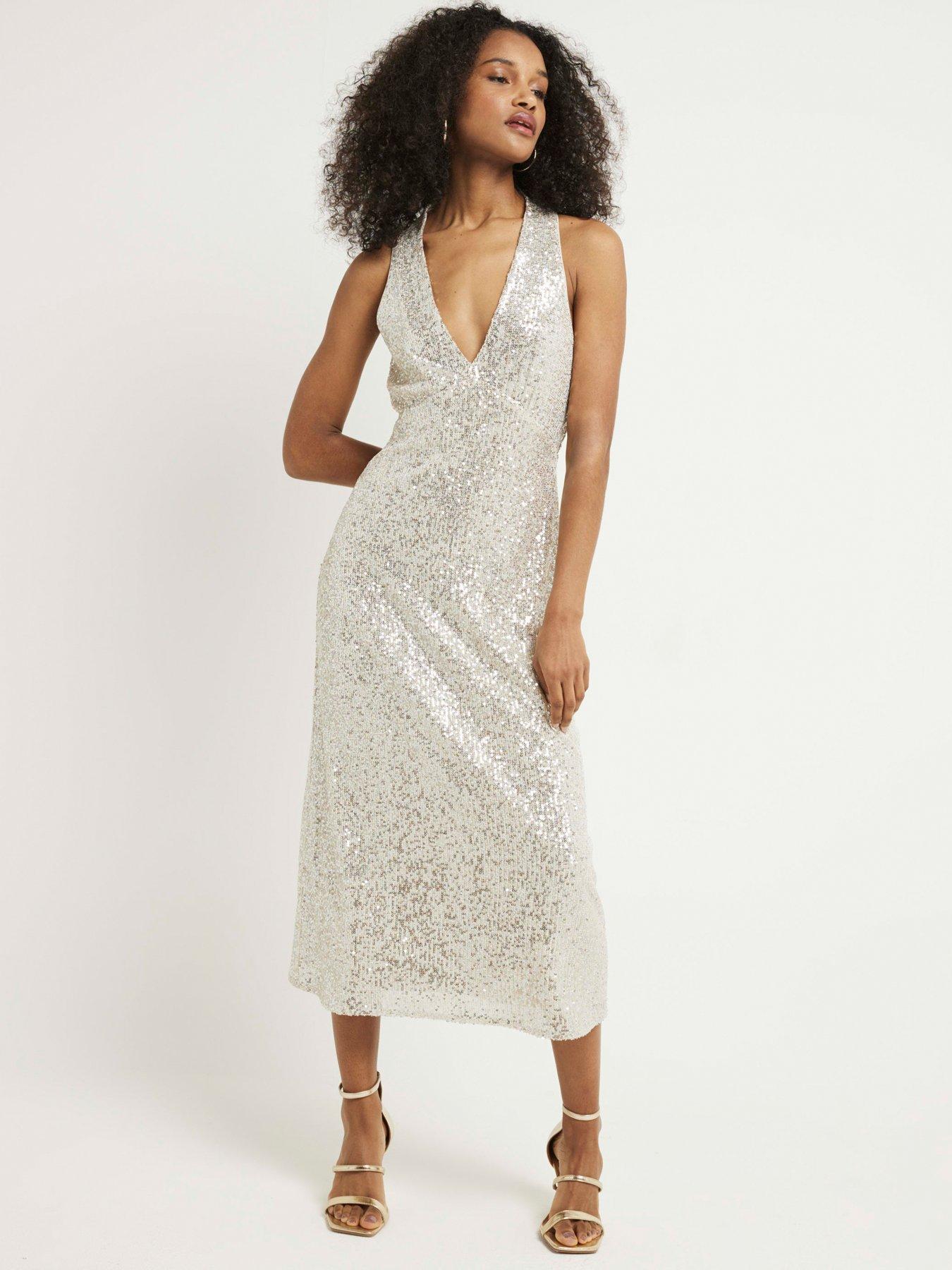 undefined Halterneck Sequin Maxi Dress - Silver