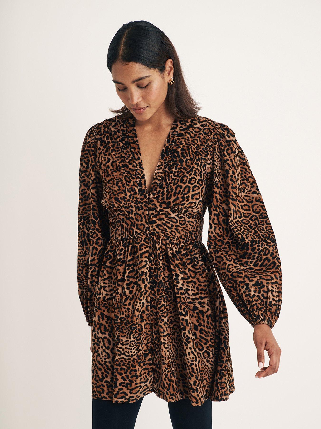 Nobodys Child: Leopard Print Button Down V Neck Cord Mini Dress - Multi