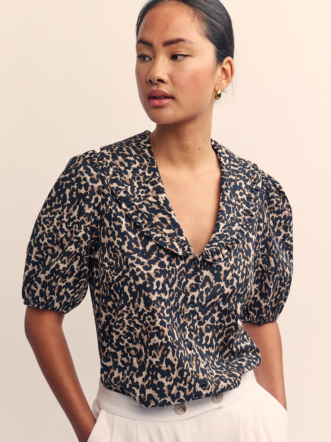 undefined Leopard Print Puff Sleeve V Neck Blouse - Multi