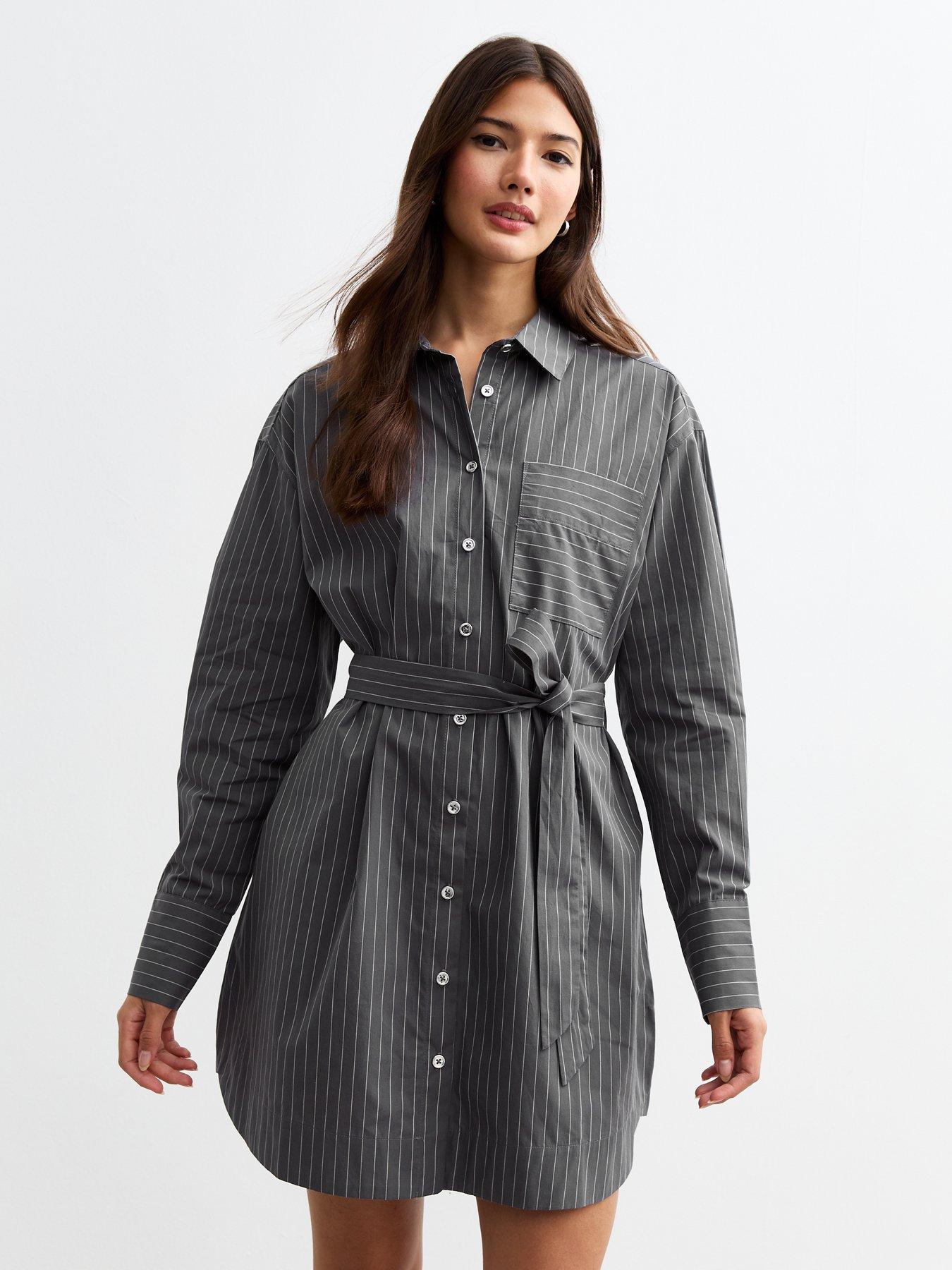 undefined Pinstripe Poplin Mini Shirt Dress - Grey/Print