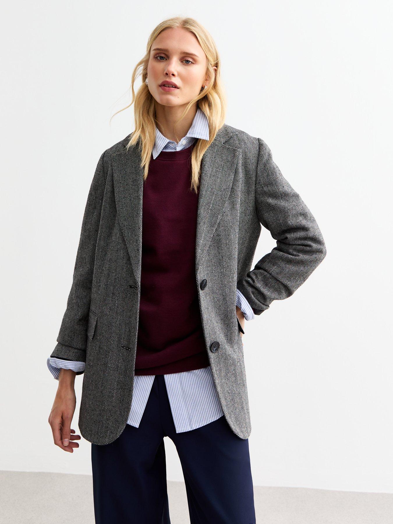 undefined Grey Textured Herringbone Single Breasted Oversized Blazer - Print
