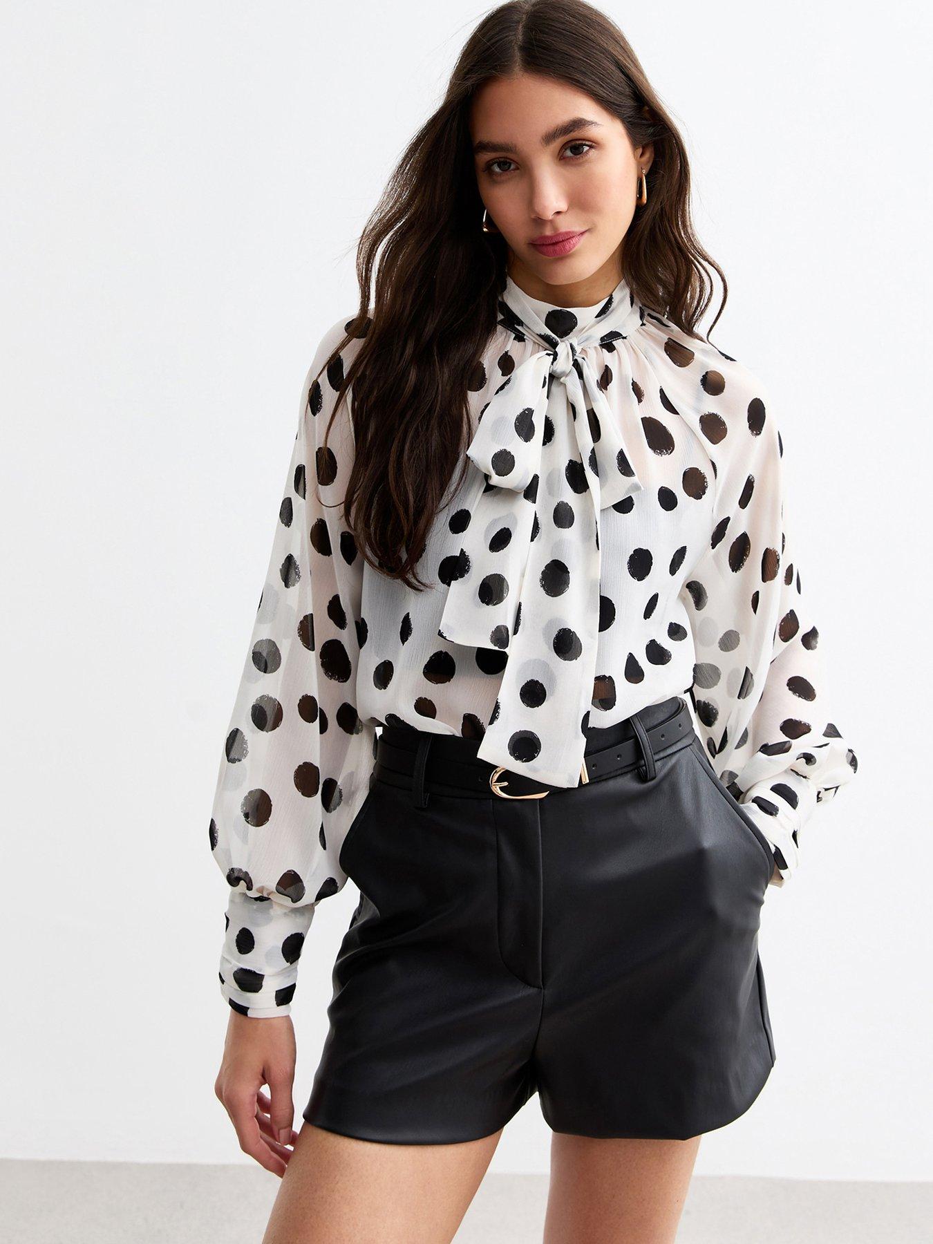 new look black polka dot chiffon bow collar blouse