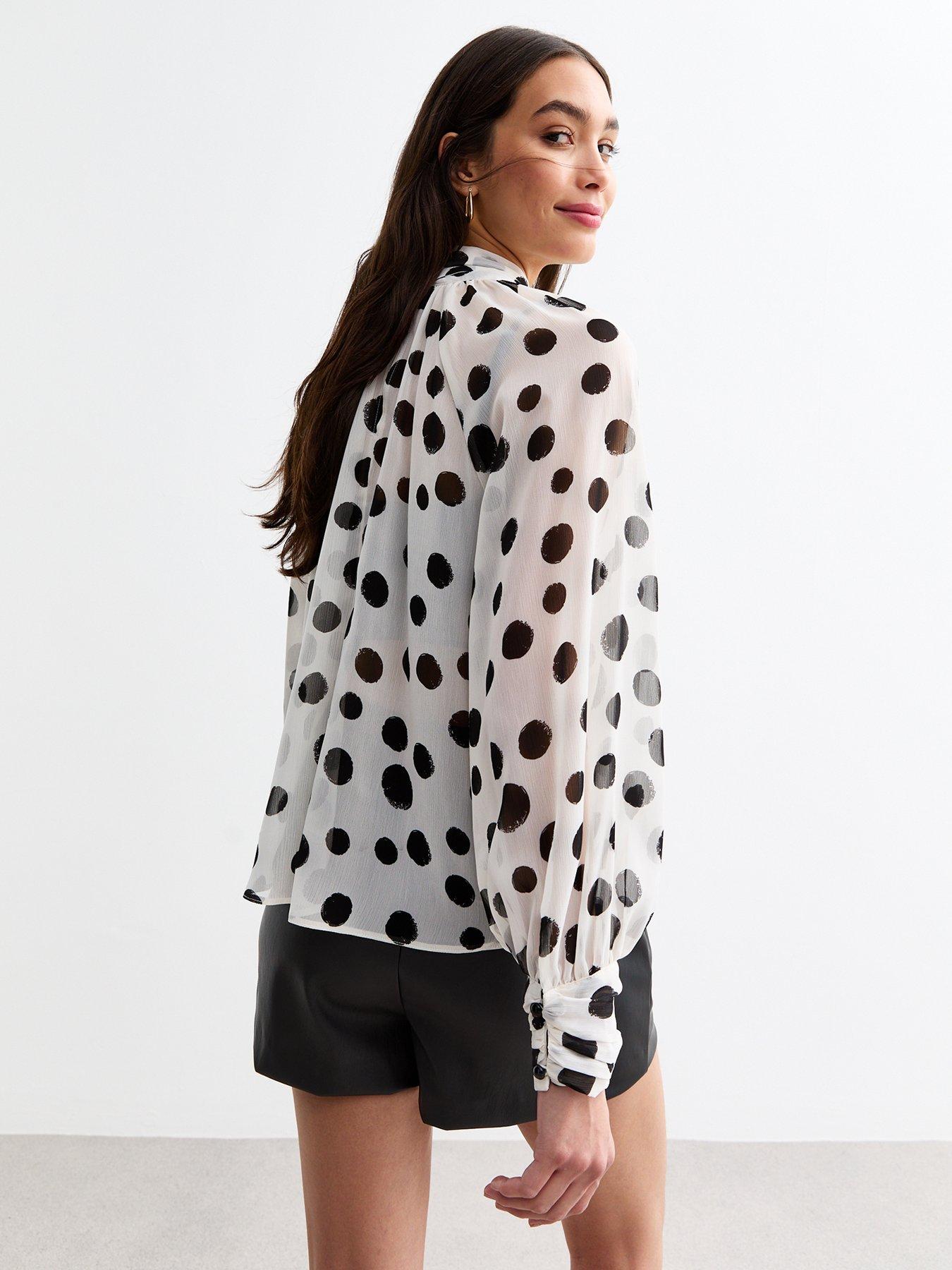 New Look Black Polka Dot Chiffon Bow Collar Blouse Very