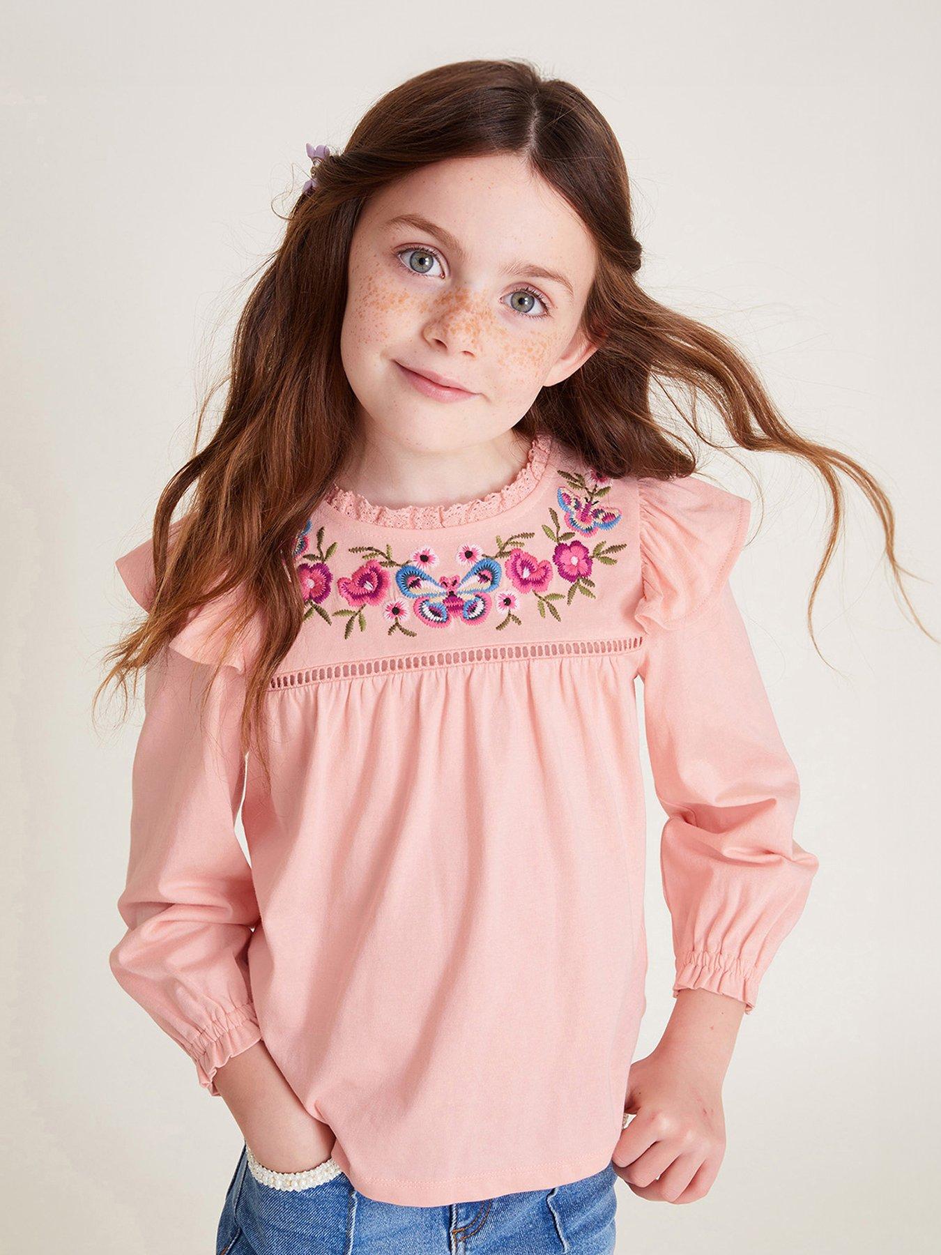 Image 1 of 4 of Monsoon Girls Long Sleeve Floral Embroidered T-Shirt - Pink