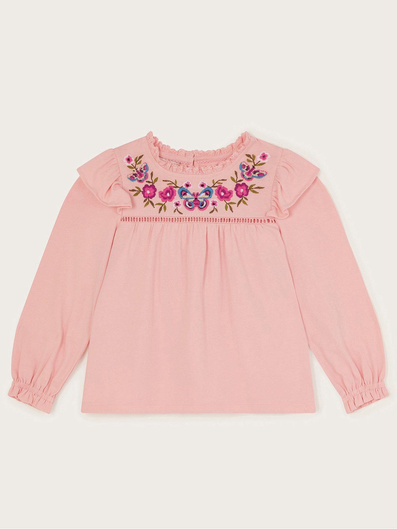 Image 2 of 4 of Monsoon Girls Long Sleeve Floral Embroidered T-Shirt - Pink
