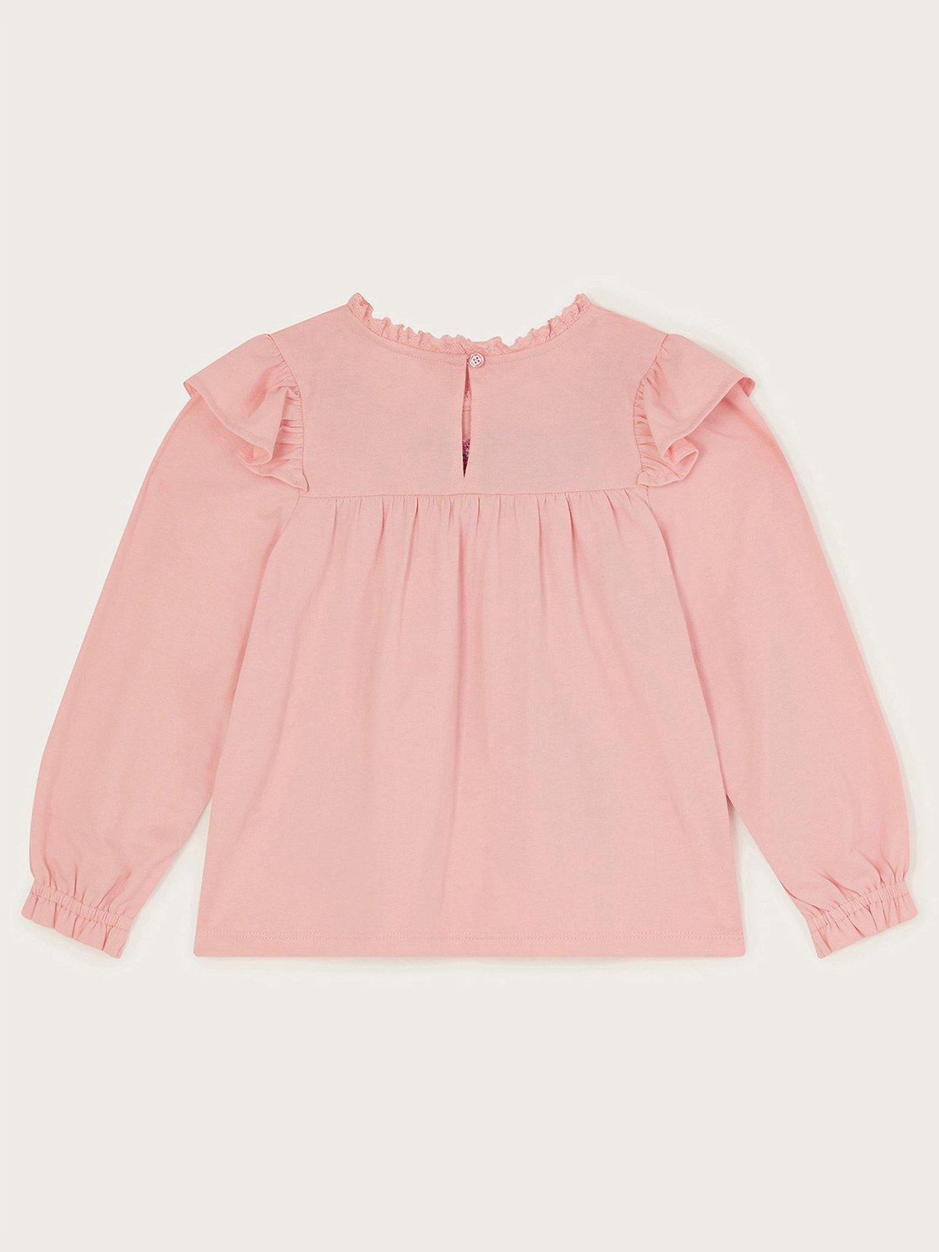 Image 3 of 4 of Monsoon Girls Long Sleeve Floral Embroidered T-Shirt - Pink