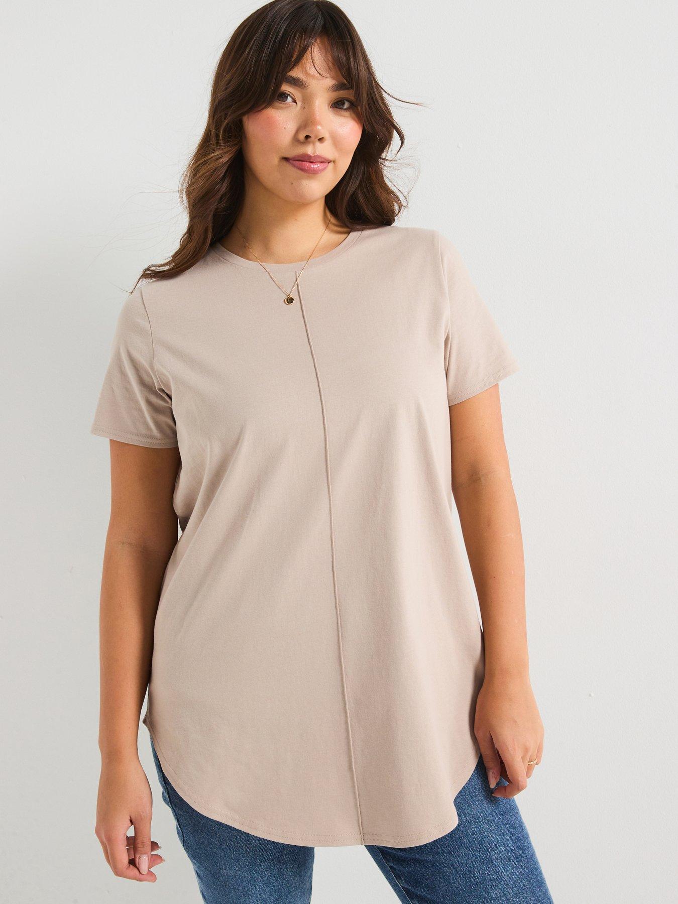 Image 1 of 6 of V by Very Curve Scoop Hem Crew Neck T-Shirt - Beige