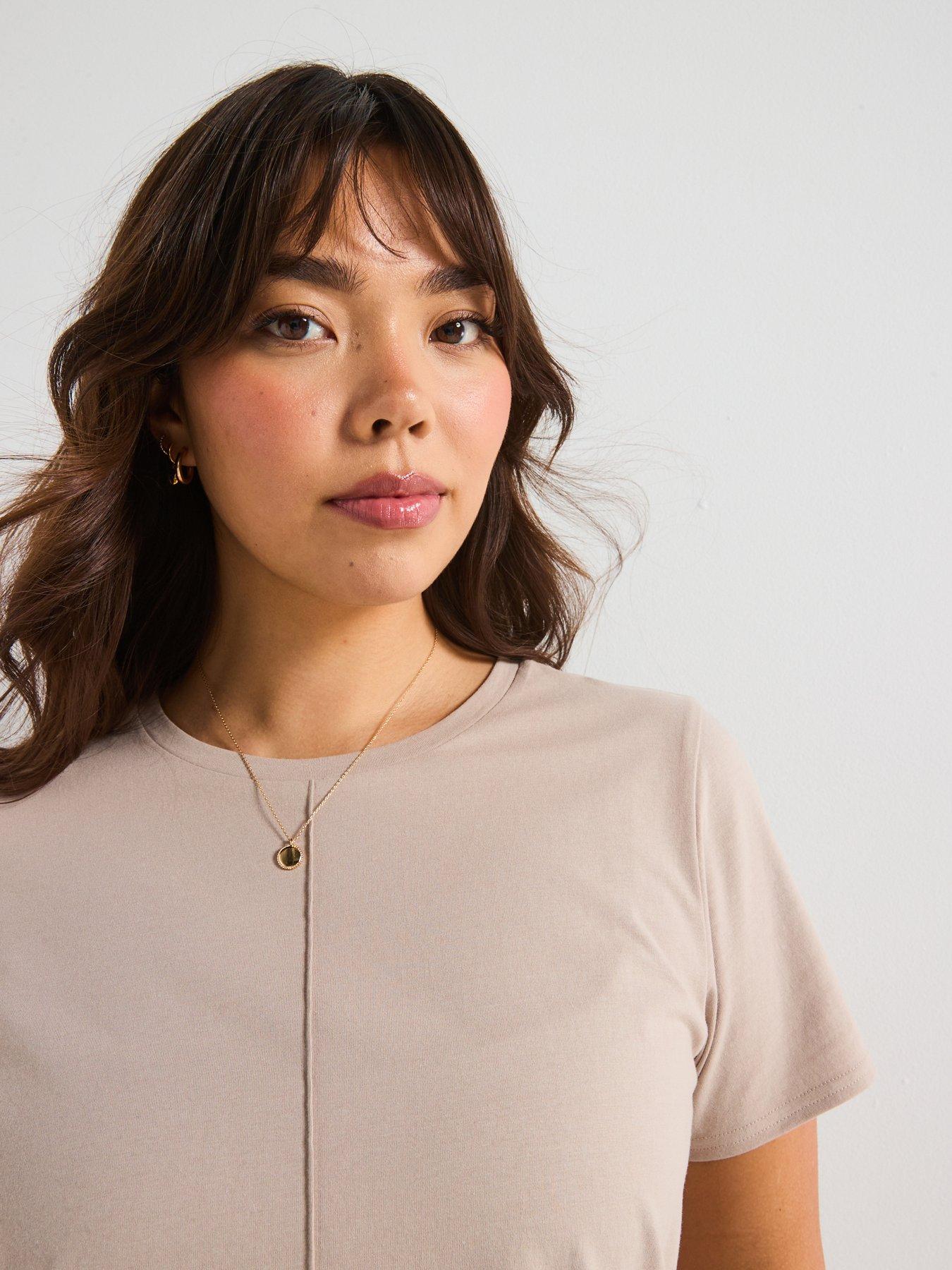 Image 4 of 6 of V by Very Curve Scoop Hem Crew Neck T-Shirt - Beige