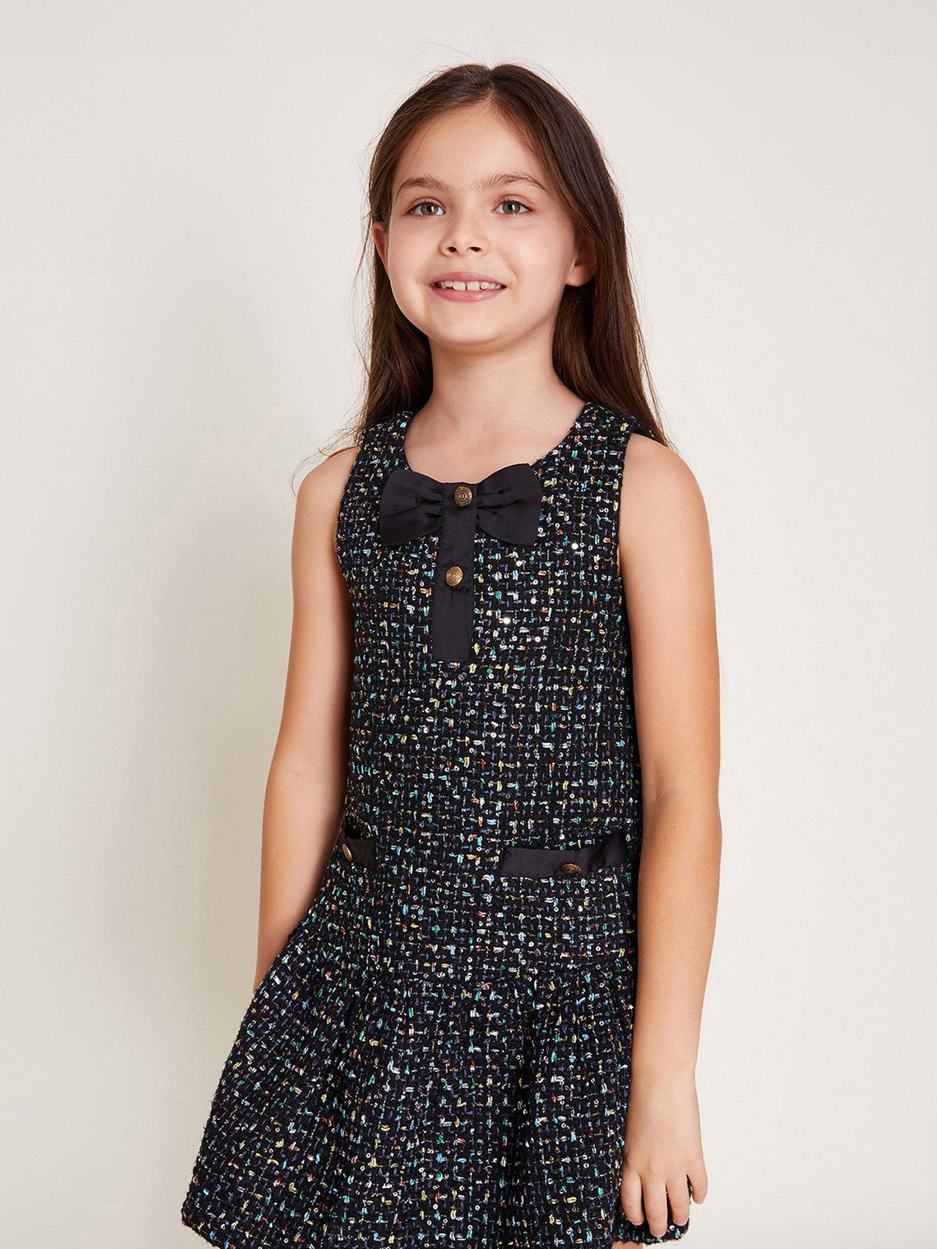 Girls Sleeveless Tweed Pinafore Dress Navy