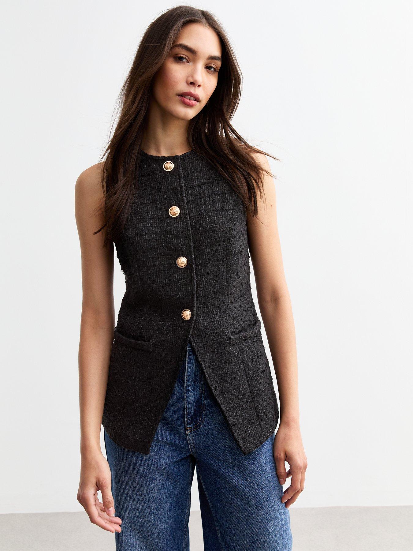 undefined Button Up Bouclé Waistcoat - Black