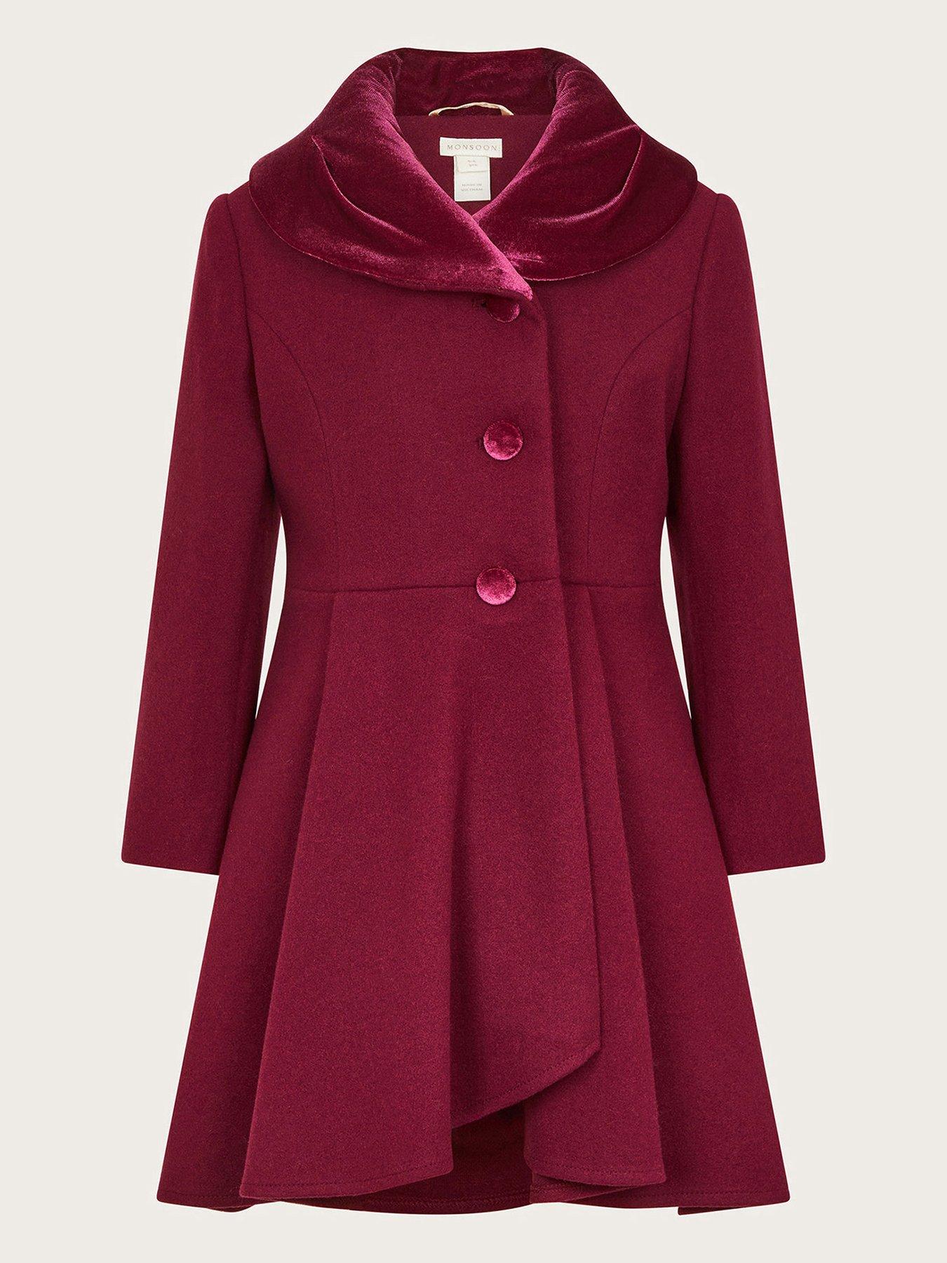 undefined Girls Velvet Shawl Collar Coat - Burgundy