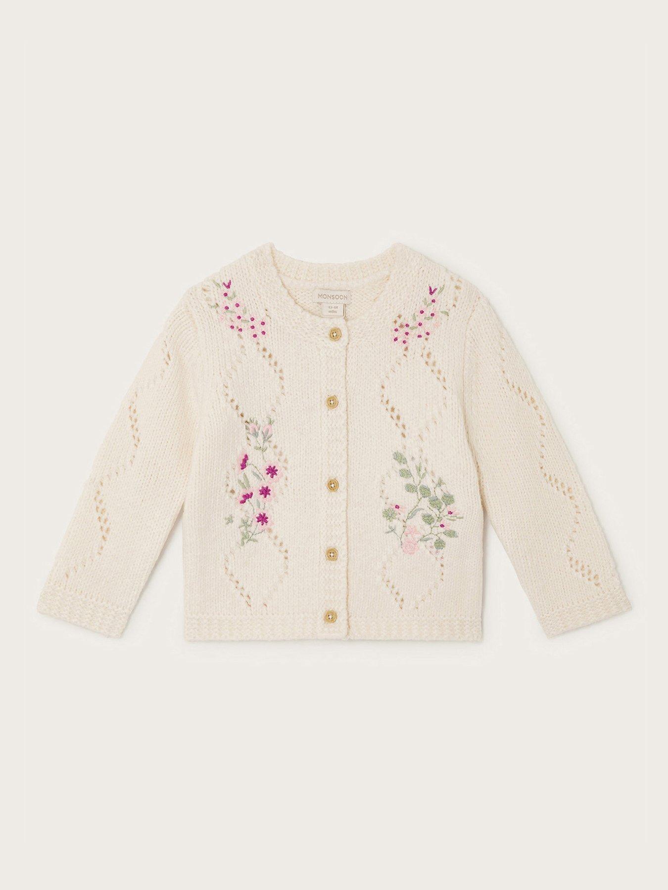 Baby Girls Floral Embroidered Knit Cardigan Ivory