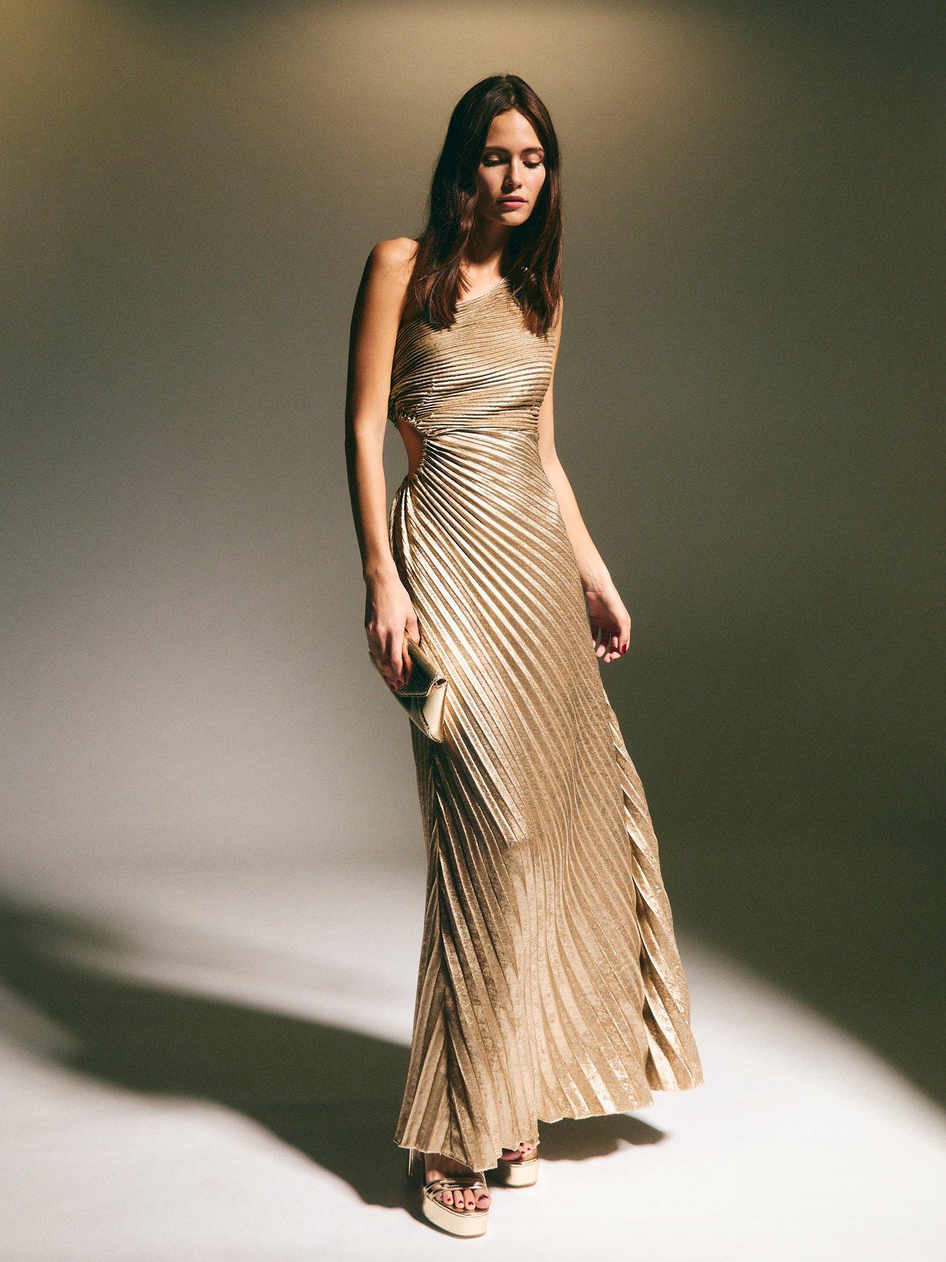 New Look Gold Metallic Foil Pleated One Shoulder Maxi Dress Very