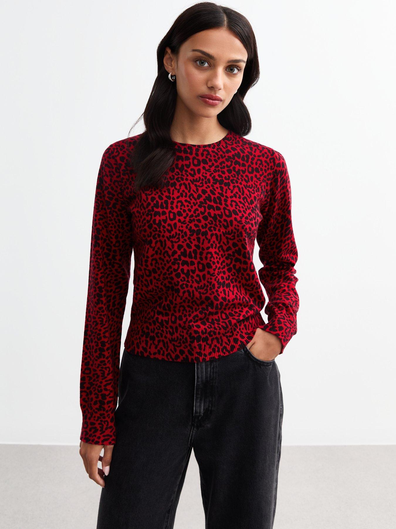 Red Leopard Print Fine Knit Jumper