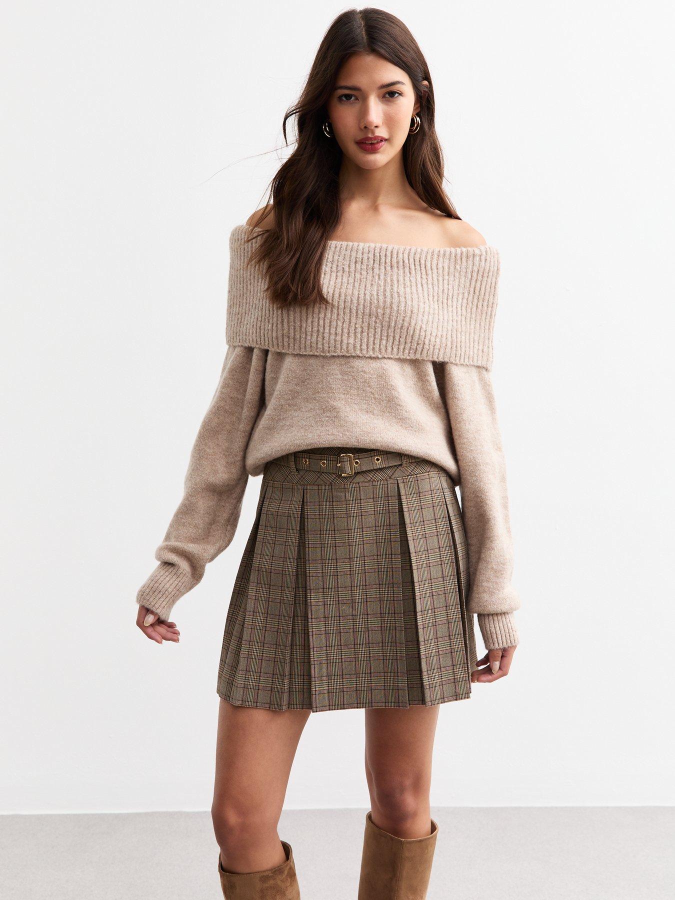 undefined Check Belted Box Pleat Mini Skirt - Brown