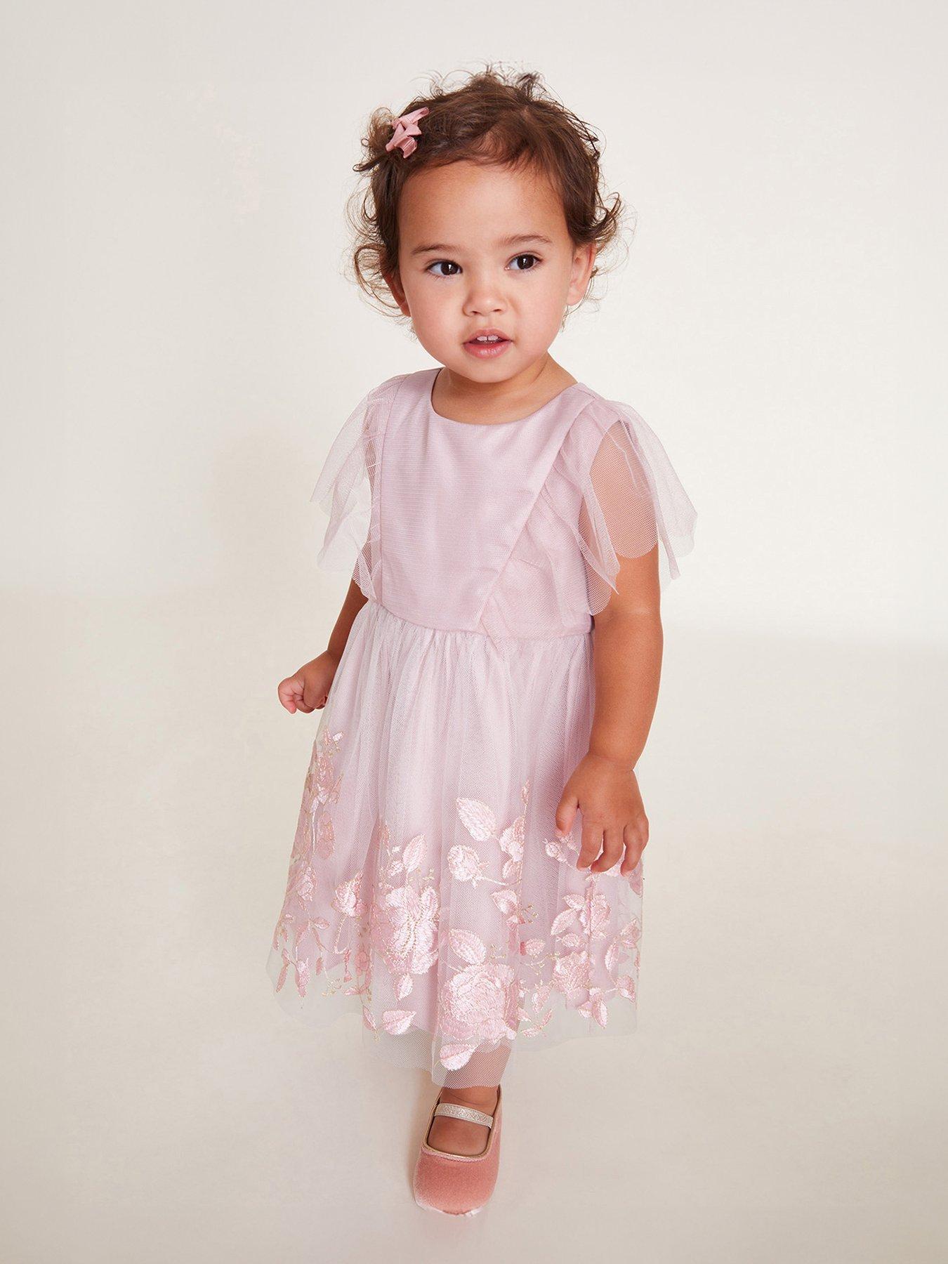 Monsoon Baby Girls Dahlia Floral Embroidered Dress Pale Pink Very