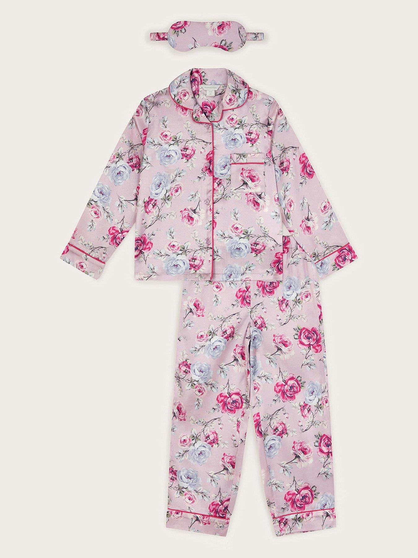 Monsoon Girls Satin Rose Print Pyjama Set Pink Very