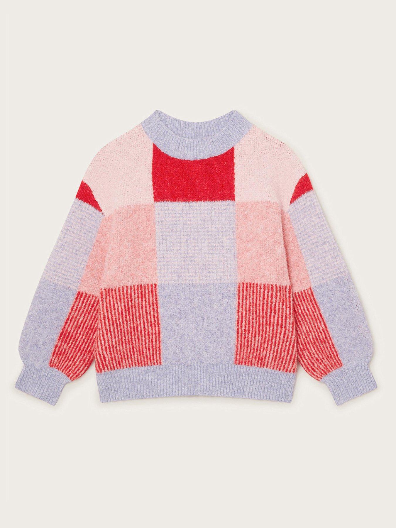 Image 1 of 3 of Monsoon Girls Check Print Brushed Jumper - Red