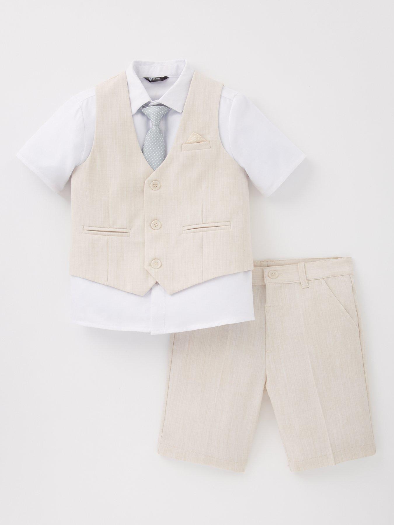 undefined Boys 4 Piece Waistcoat, Short Sleeve Shirt, Bow Tie And Short Set - Stone