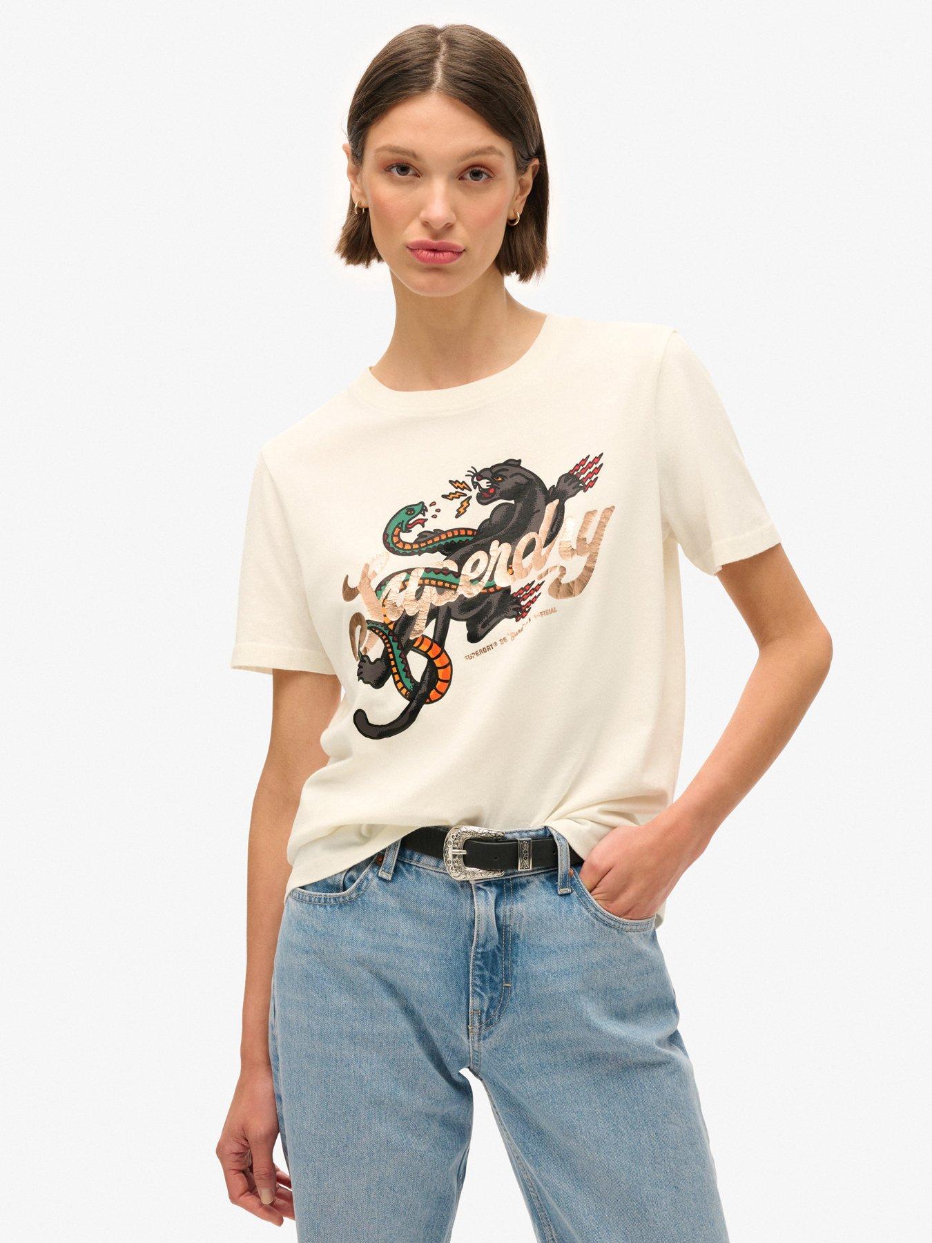 Superdry Tattoo Script Relaxed T-Shirt - White, White, Size 16, Women