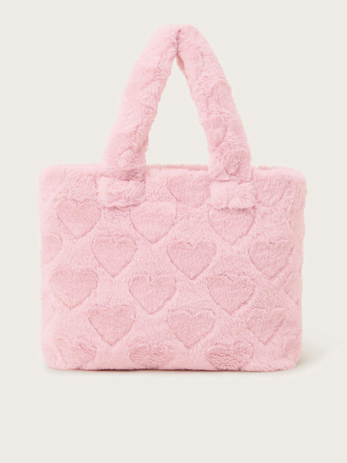 Girls Heart Fluffy Faux Fur Tote Bag Pink