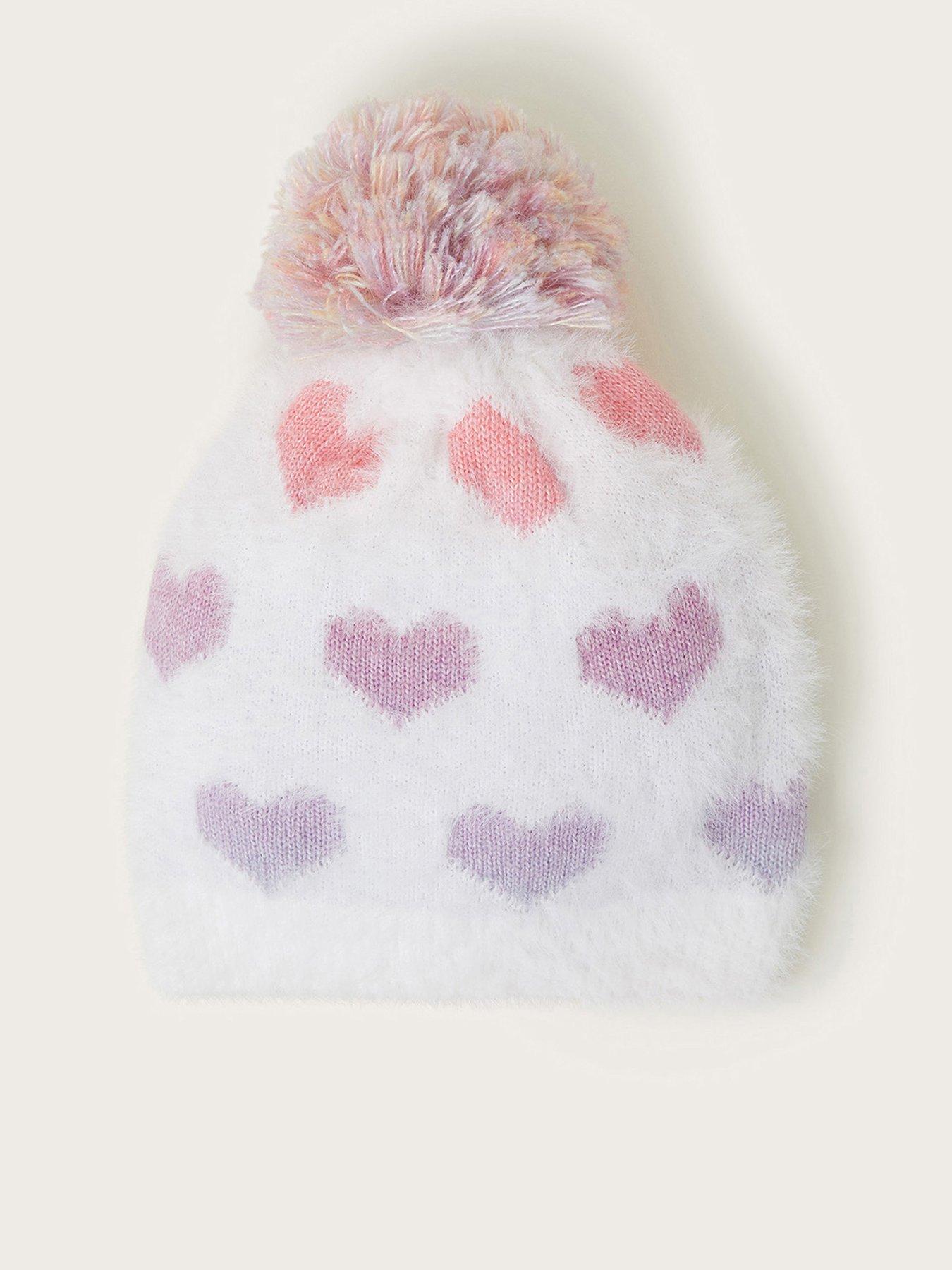Girls Neon Hearts Fluffy Pom pom Hat Multi