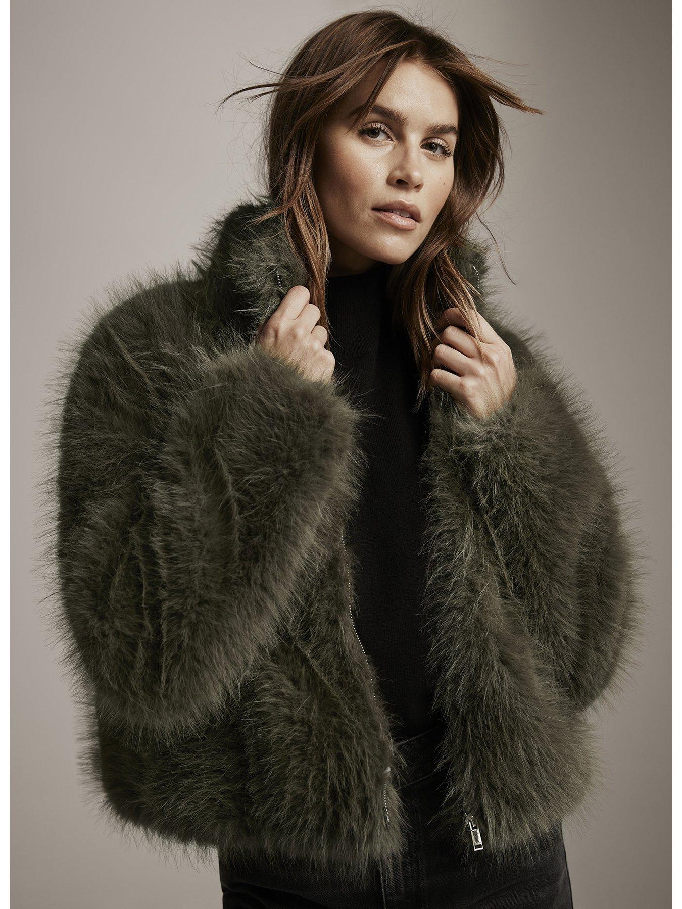 Mint Velvet Khaki Faux Fur Crop Jacket Green Very