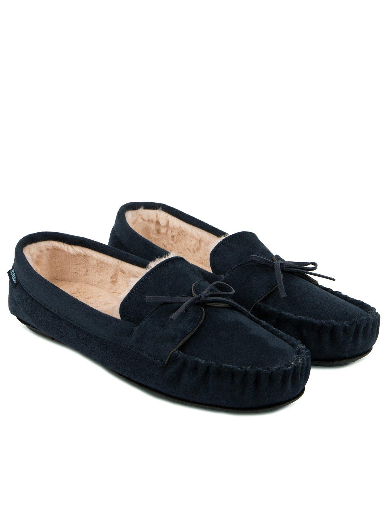 TOTES Suedette Faux Fur Lined Moccasin Slippers Navy Very
