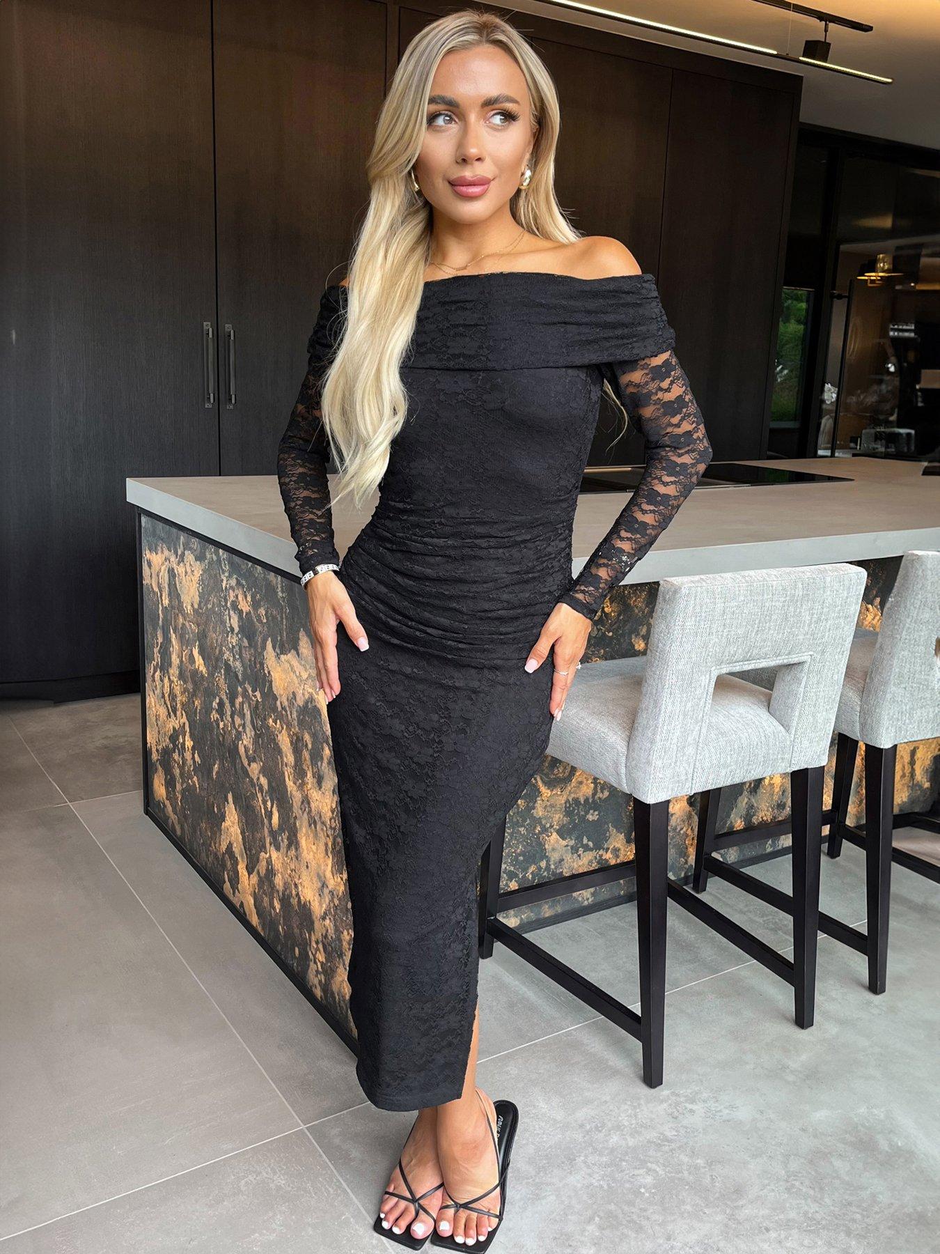 undefined Lace Bardot Fold Over Top Long Sleeve Ruched Bodycon Midi Dress - Black