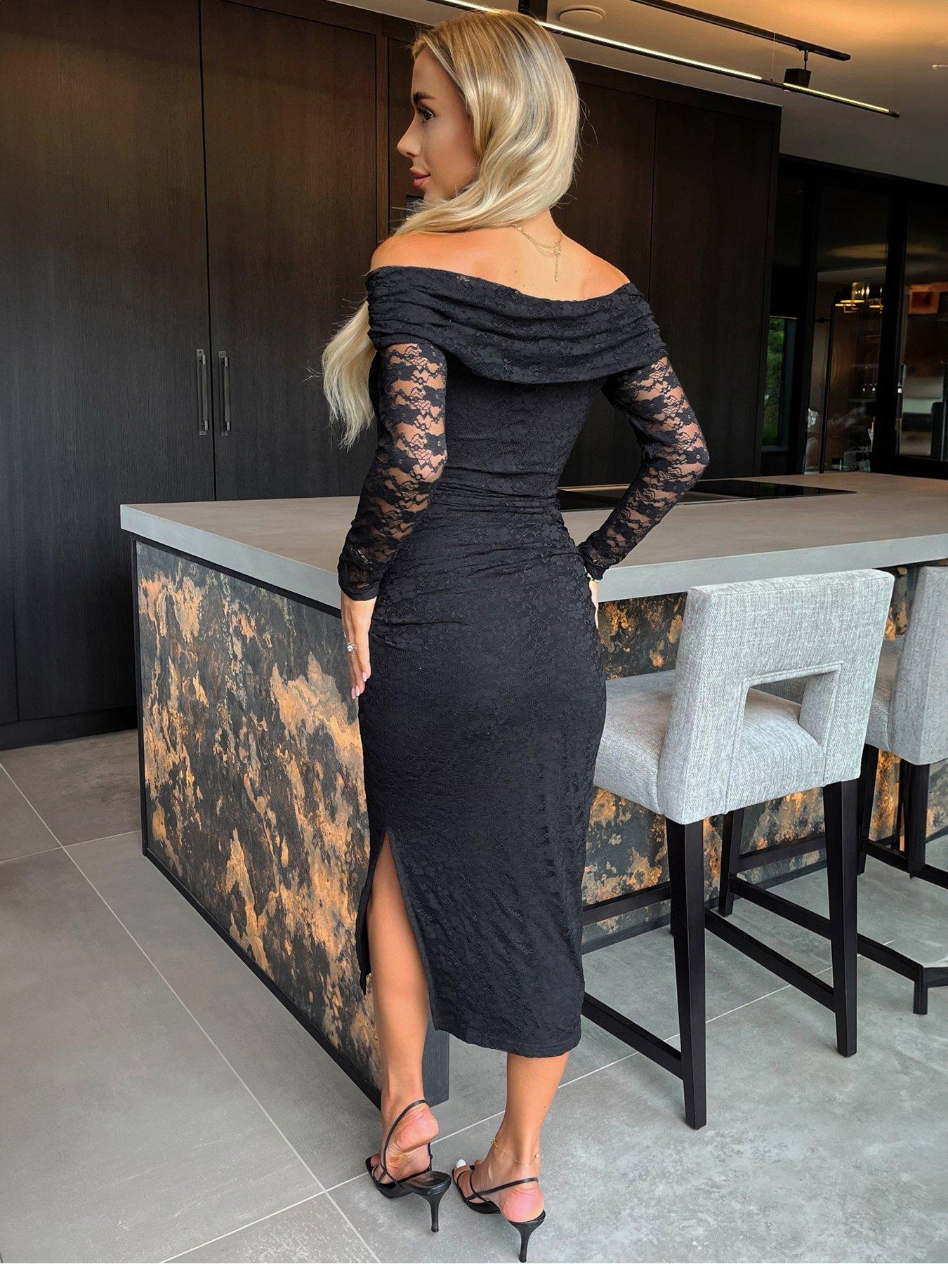 princess polly baby blue dress AX Paris Lace Bardot Fold Over Top Long Sleeve Ruched Bodycon Midi Dress -  Black