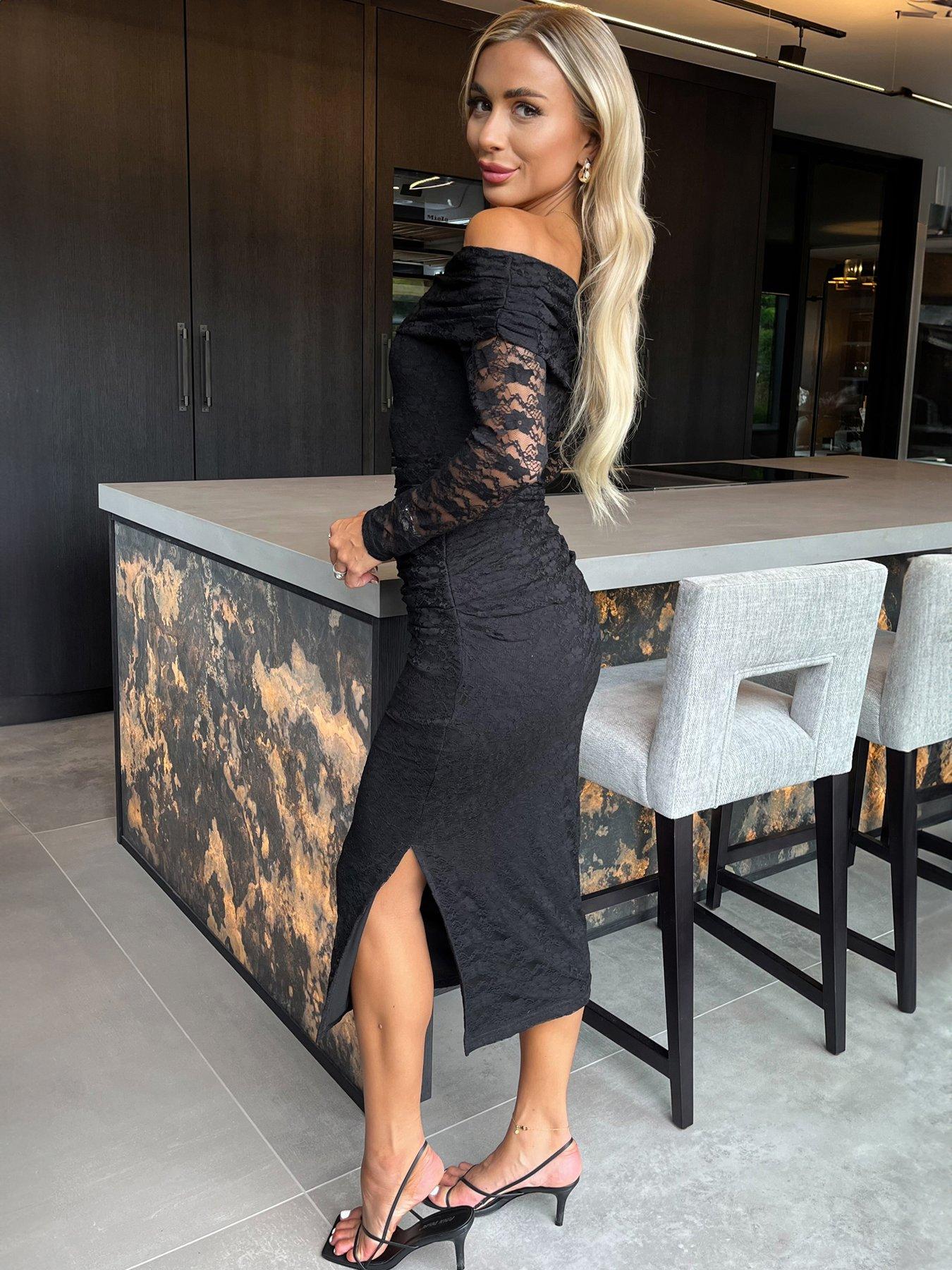 AX Paris Lace Bardot Fold Over Top Long Sleeve Ruched Bodycon Midi Dress -  Black | Very