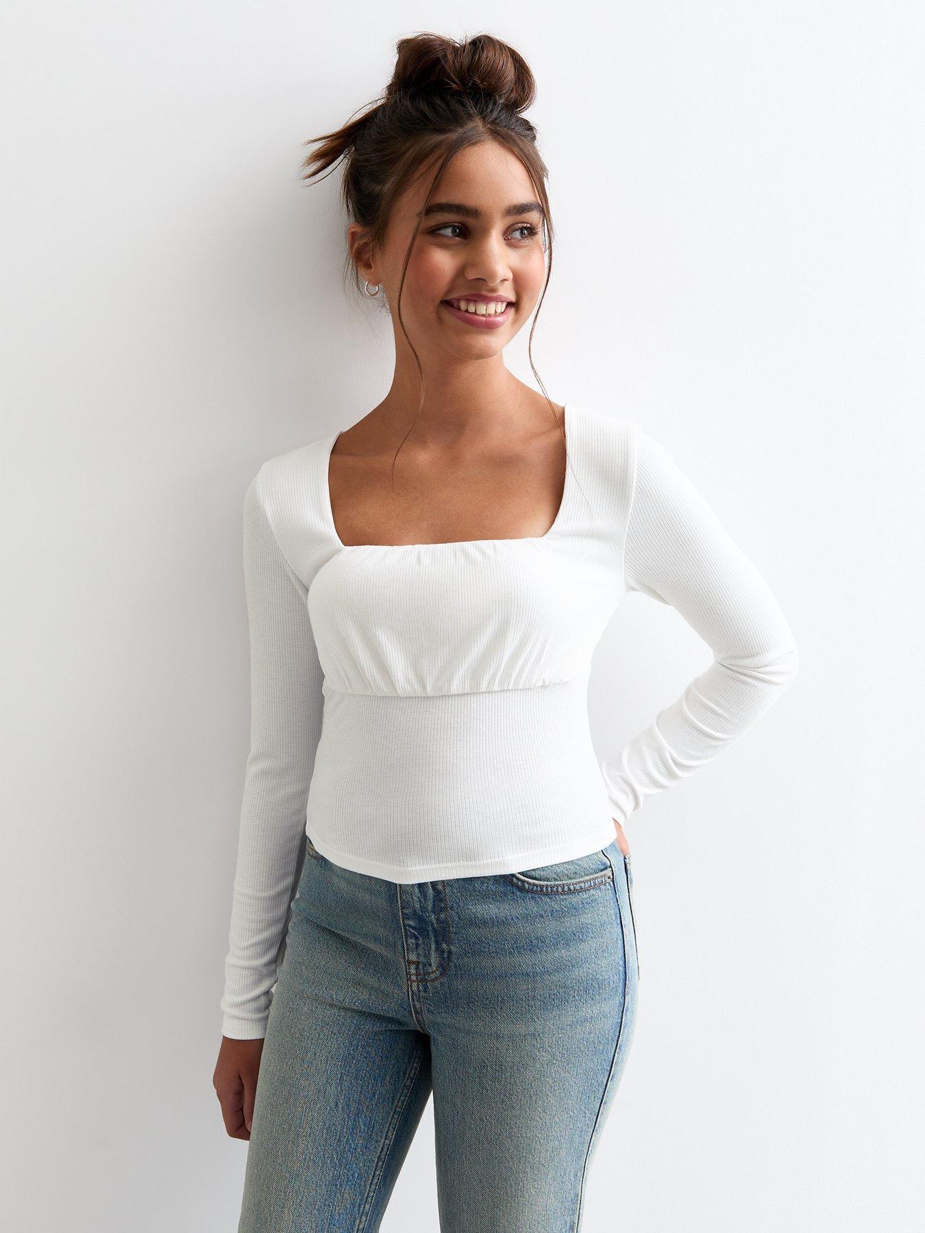 undefined Girls Ruched Front Ribbed Jersey Top - White
